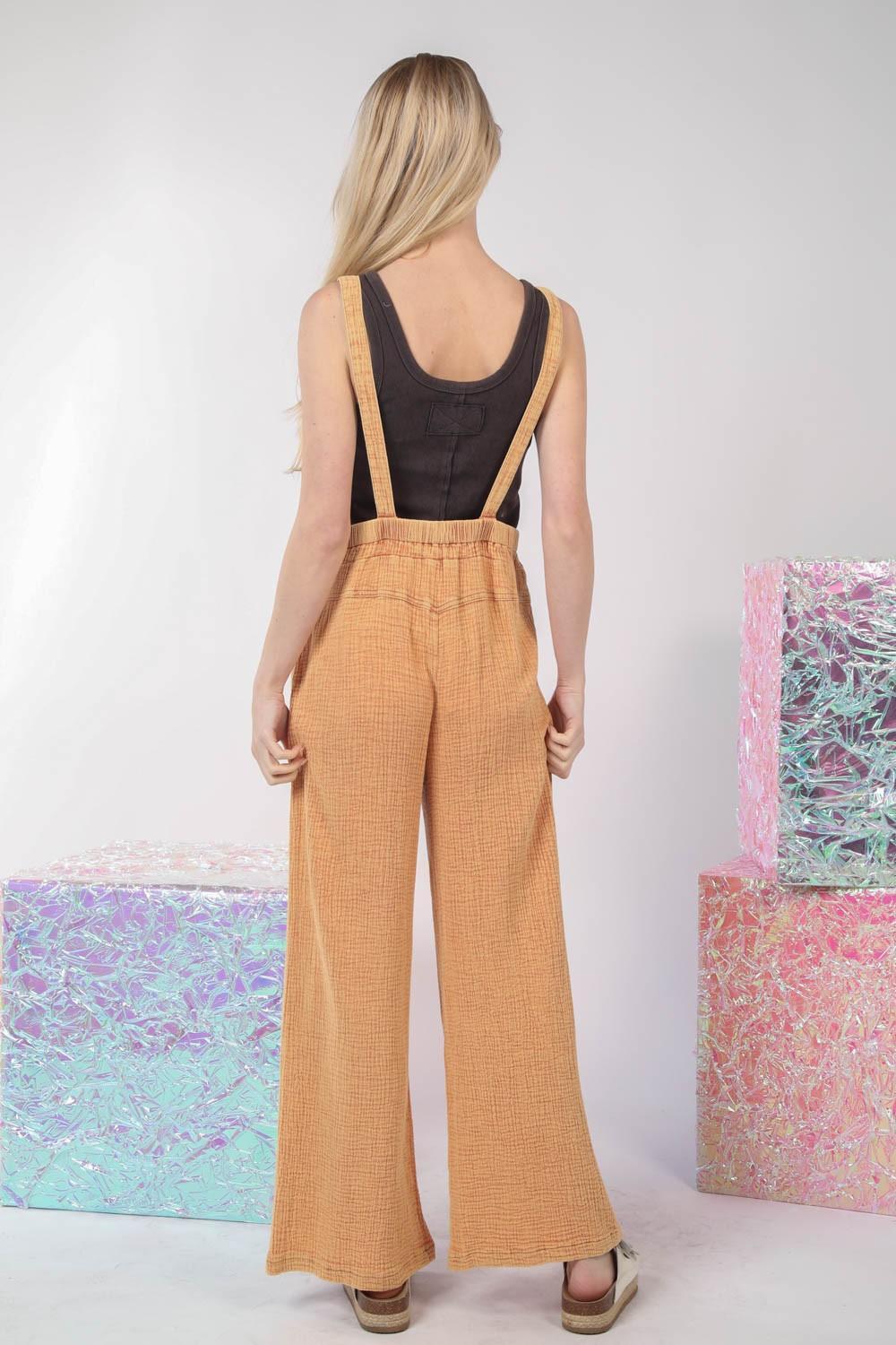 VERY J Texture Washed Wide Leg Overalls - ClubOn