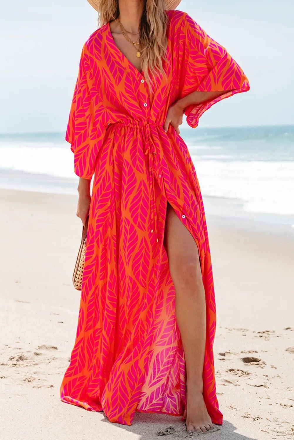 Drawstring Printed V-Neck Maxi Dress - ClubOn