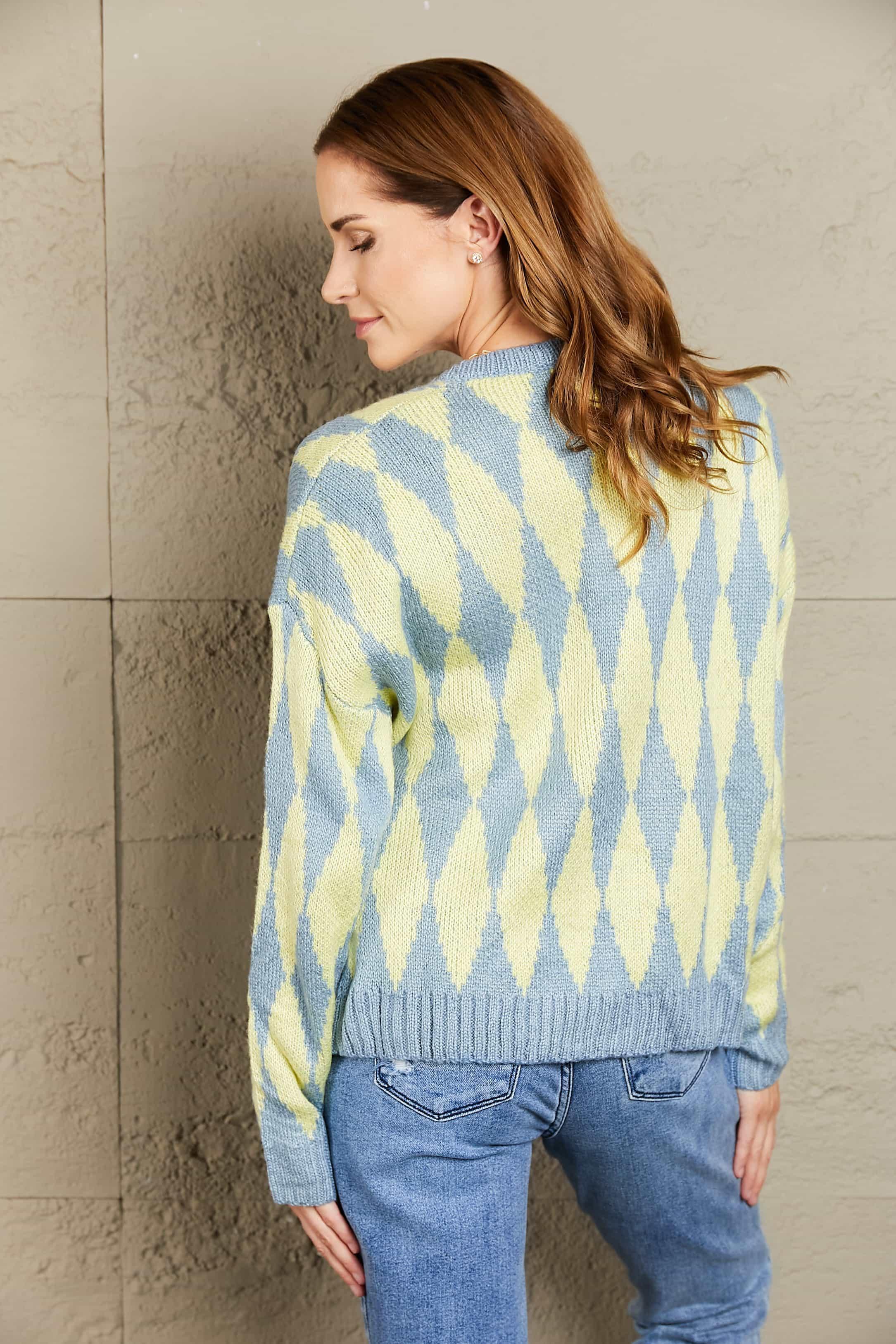 Woven Right Argyle Button Front Drop Shoulder Cardigan - ClubOn
