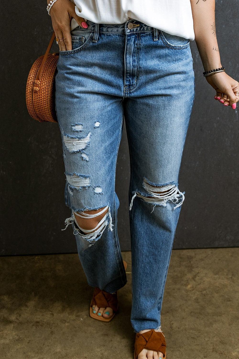 Distressed Raw Hem Jeans with Pockets - ClubOn