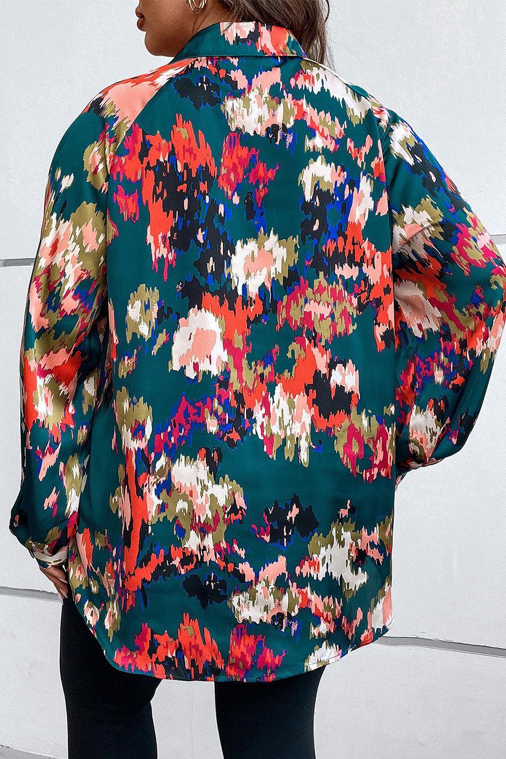Plus Size Printed Johnny Collar Long Sleeve Blouse - ClubOn