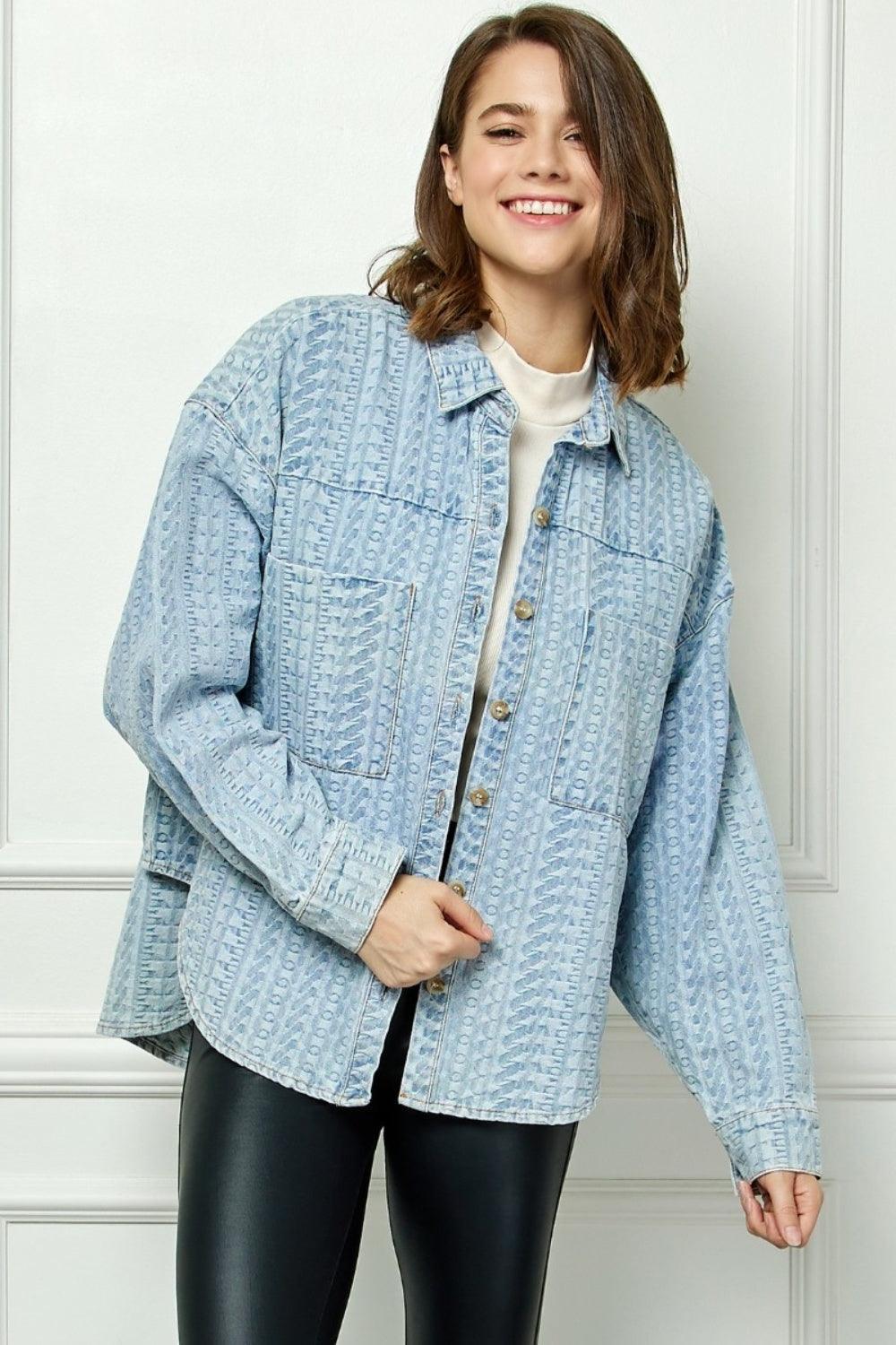 Veveret Button Up Dropped Shoulder Denim Top - ClubOn