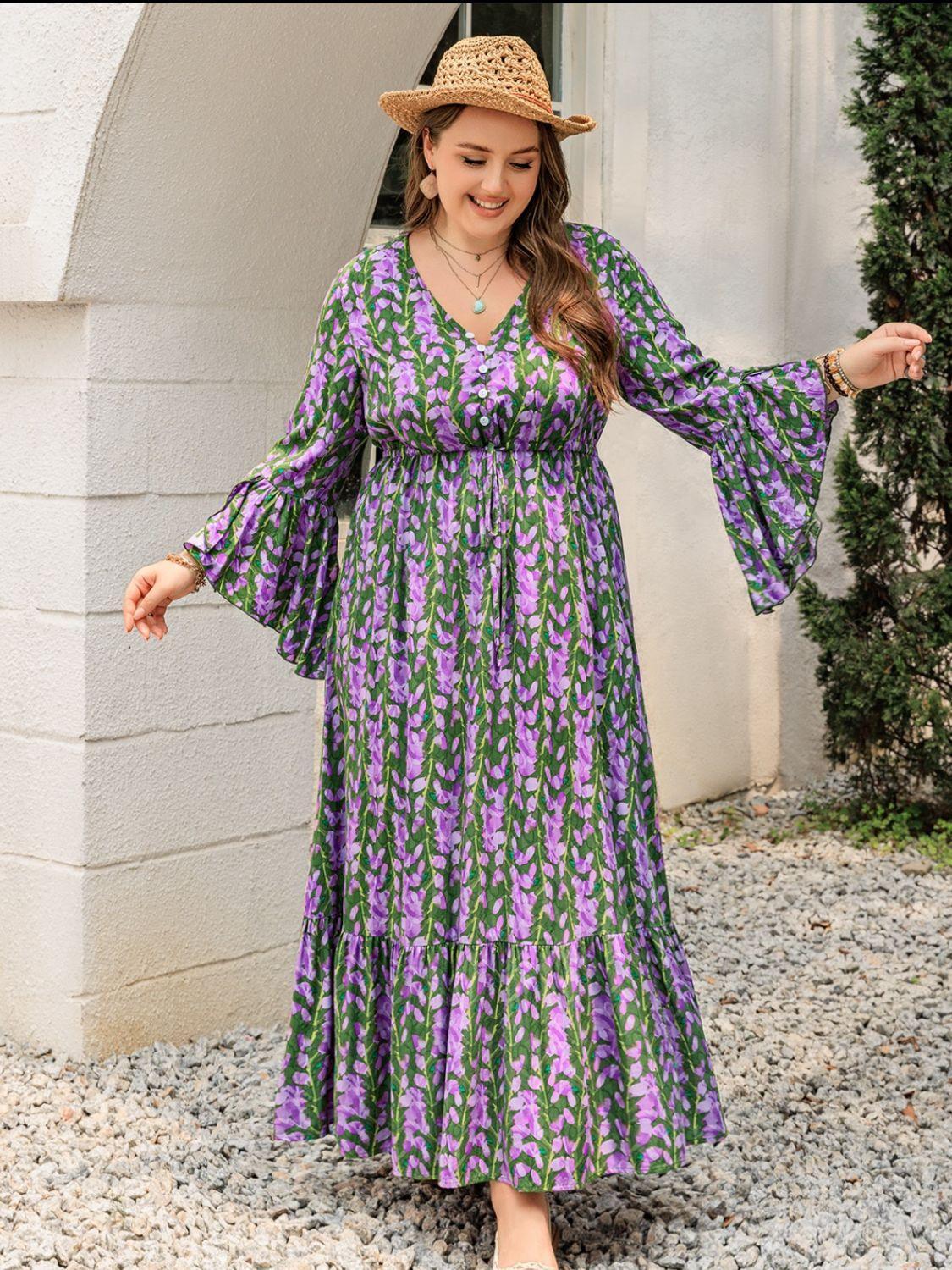Plus Size Printed V-Neck Long Sleeve Maxi Dress - ClubOn