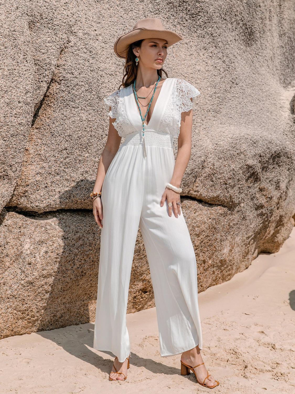 Lace Detail Plunge Cap Sleeve Jumpsuit - ClubOn