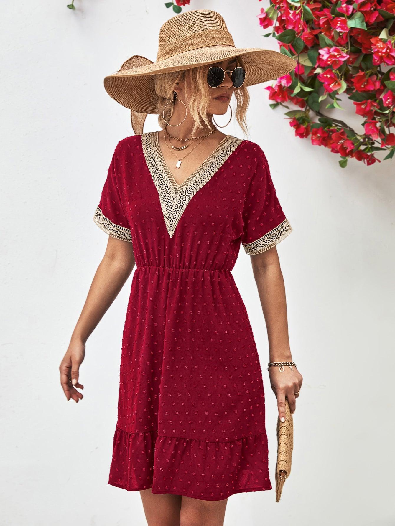 Contrast V-Neck Short Sleeve Mini Dress - ClubOn