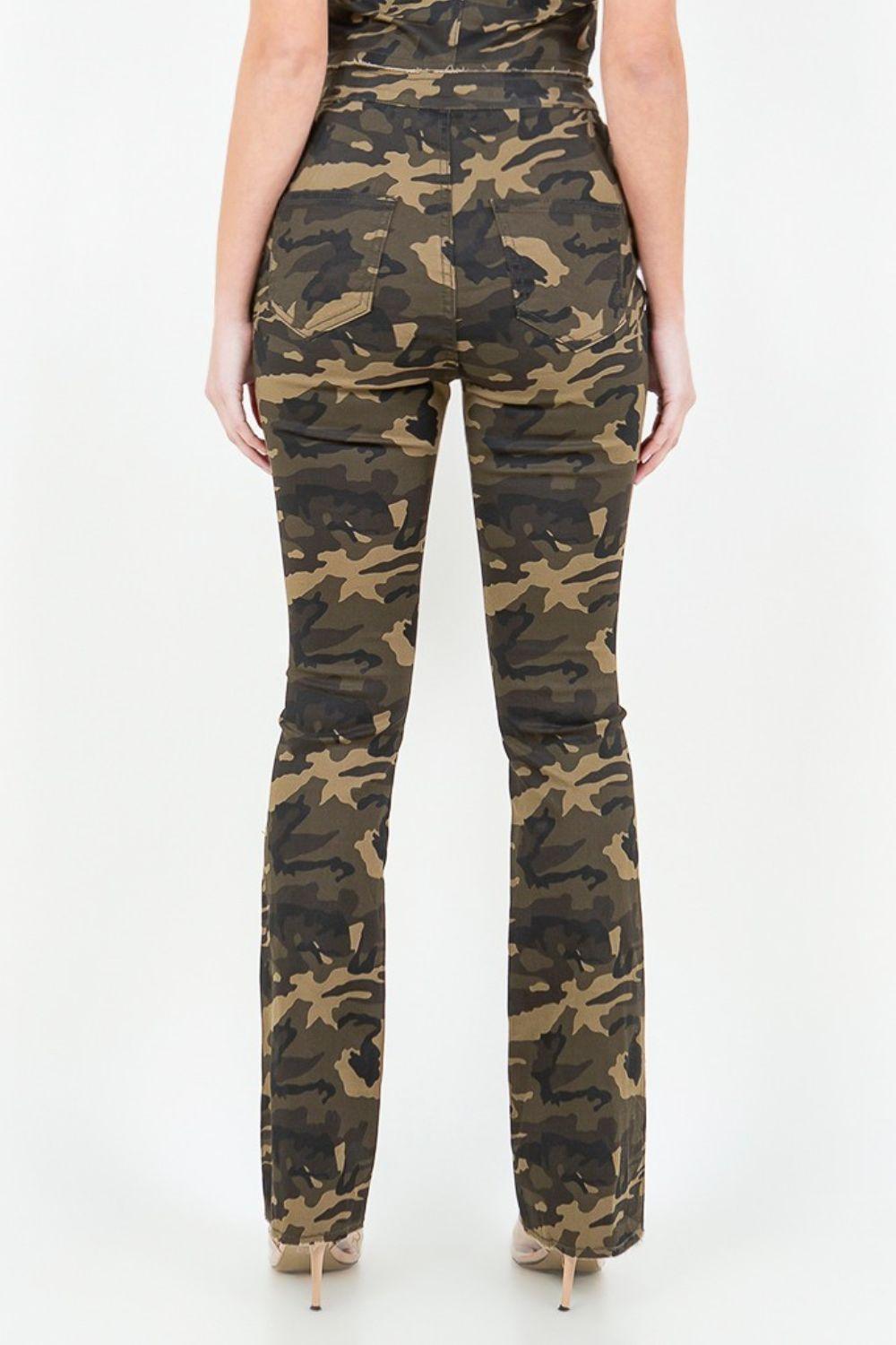 American Bazi V-Cut Ruched Camo Flare Pants - ClubOn