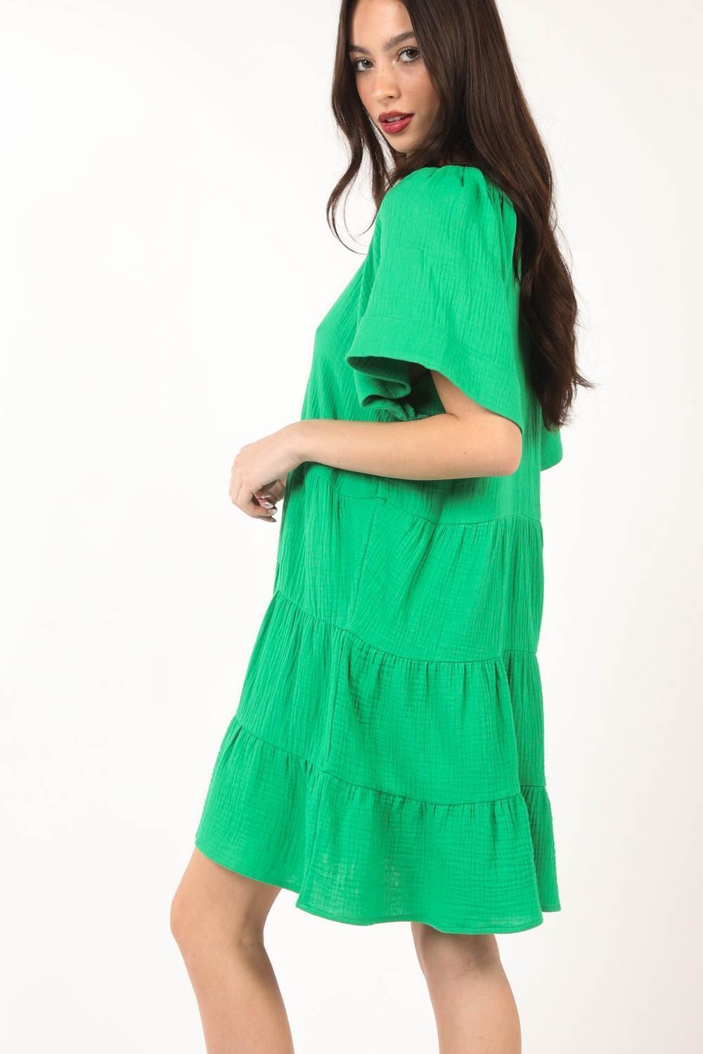 VERY J Texture V-Neck Ruffled Tiered Dress - ClubOn