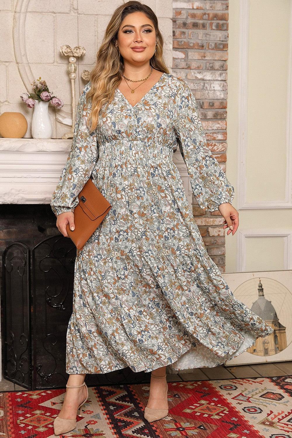 Plus Size Printed Balloon Sleeve Ruffle Hem Dress - ClubOn