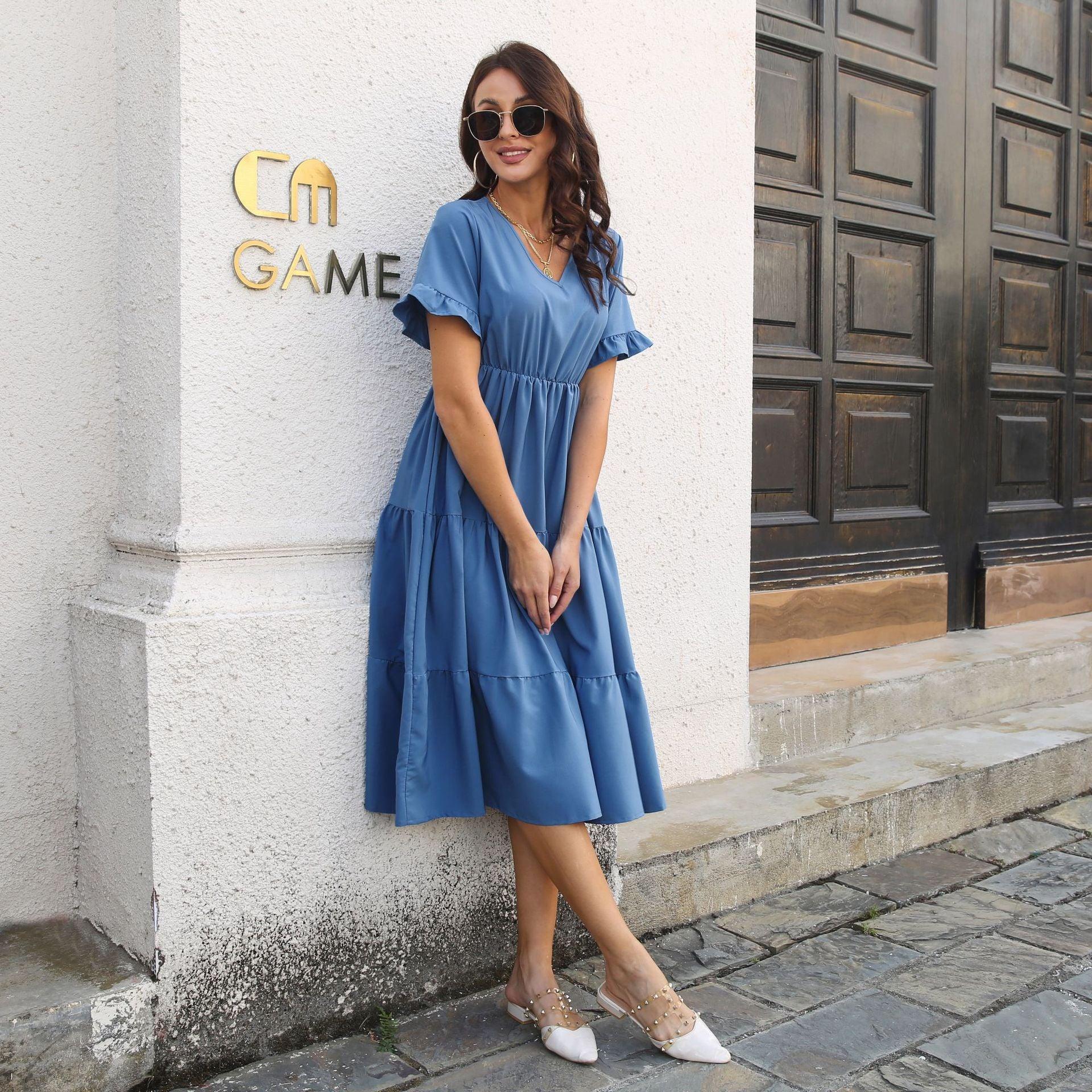 V-Neck Short Sleeve Midi Dress - ClubOn