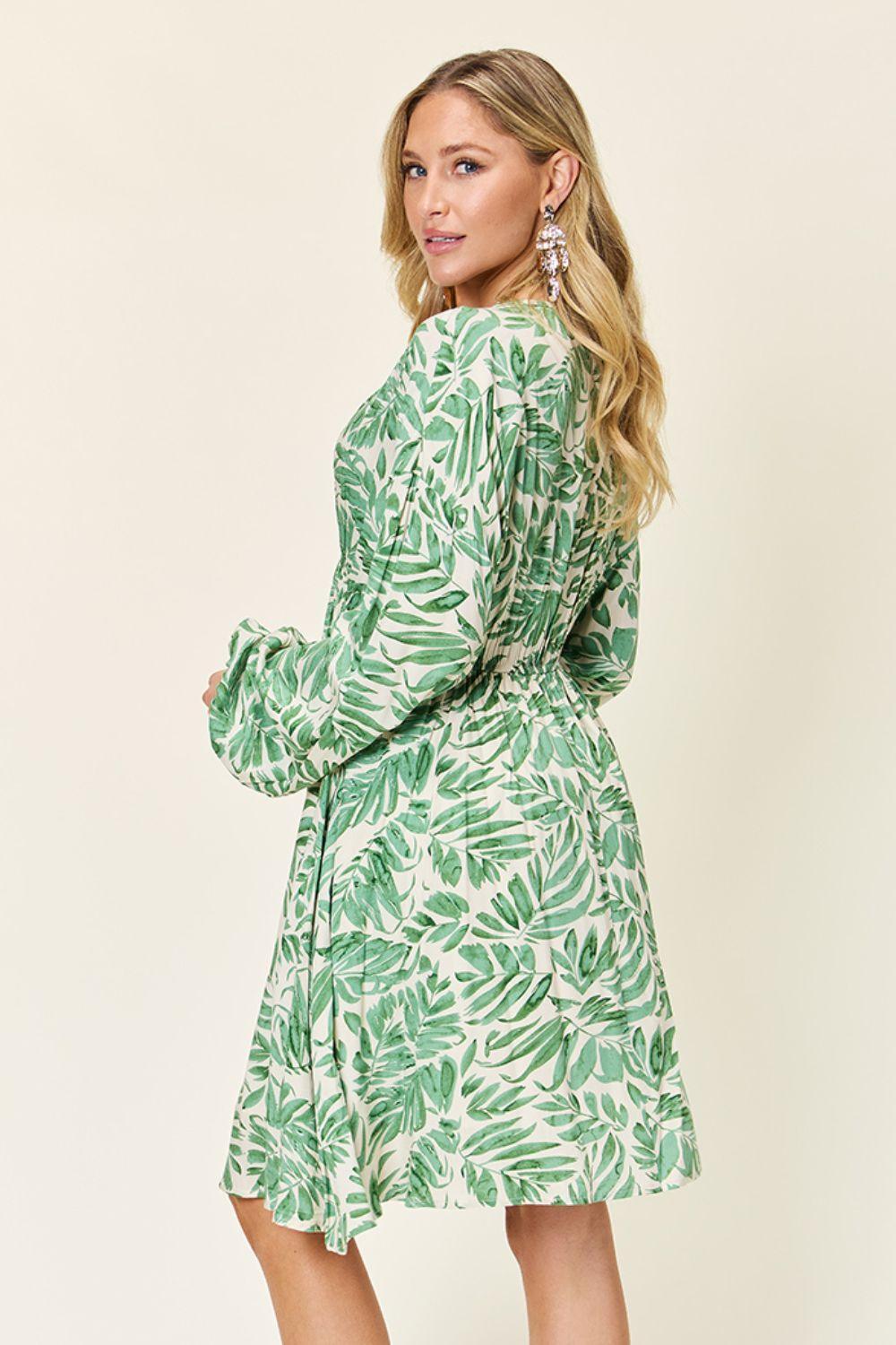 Double Take Full Size Printed Ruched Balloon Sleeve Dress - ClubOn