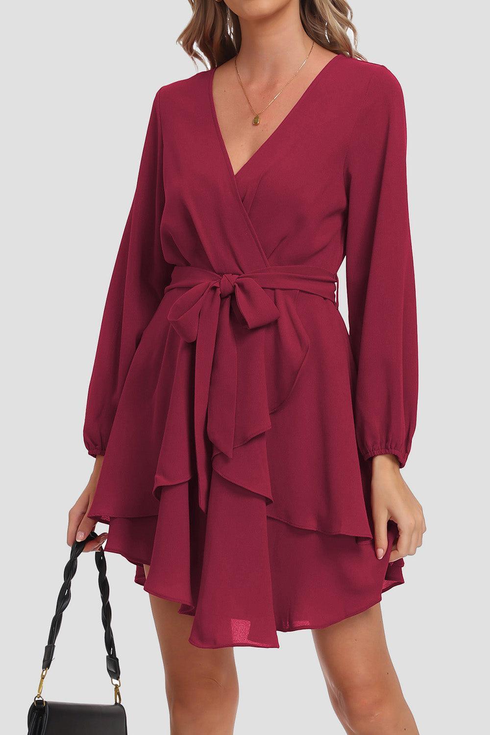 Tied Surplice Balloon Sleeve Layered Dress - ClubOn