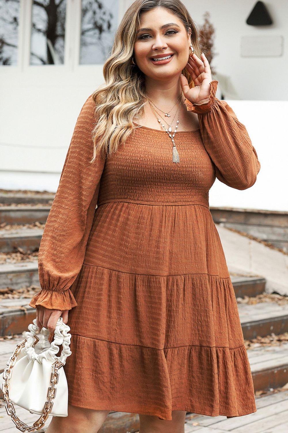 Plus Size Smocked Square Neck Tiered Dress - ClubOn