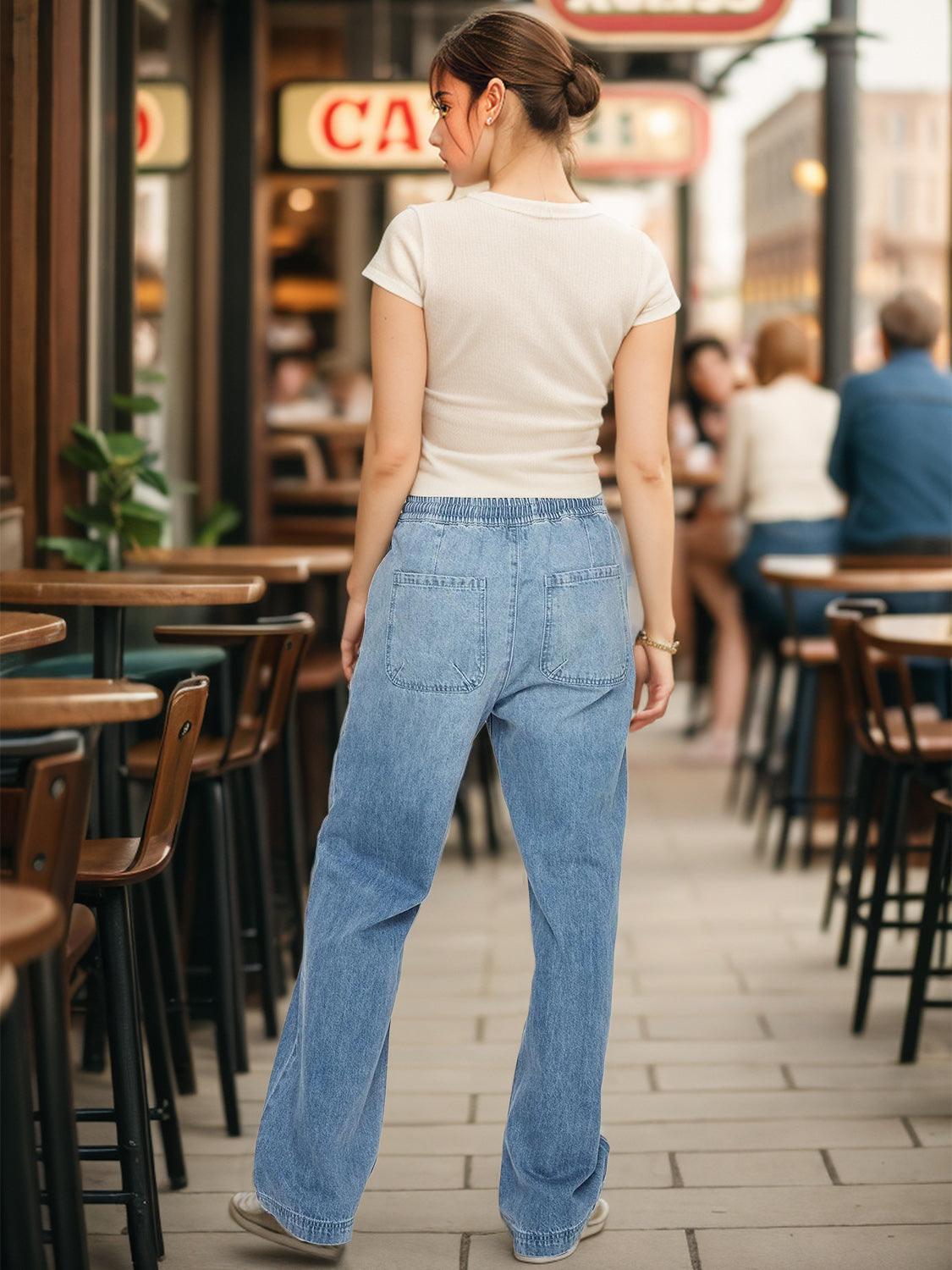 Drawstring Straight Jeans with Pockets - ClubOn