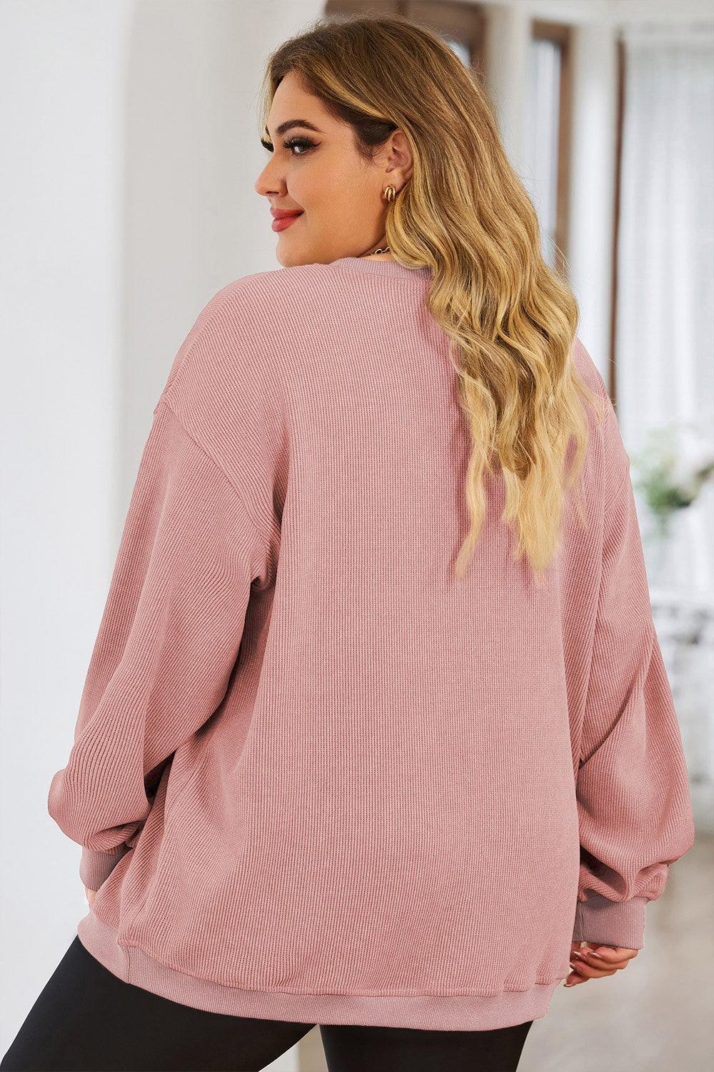Plus Size Heart Ribbed Round Neck Sweatshirt - ClubOn