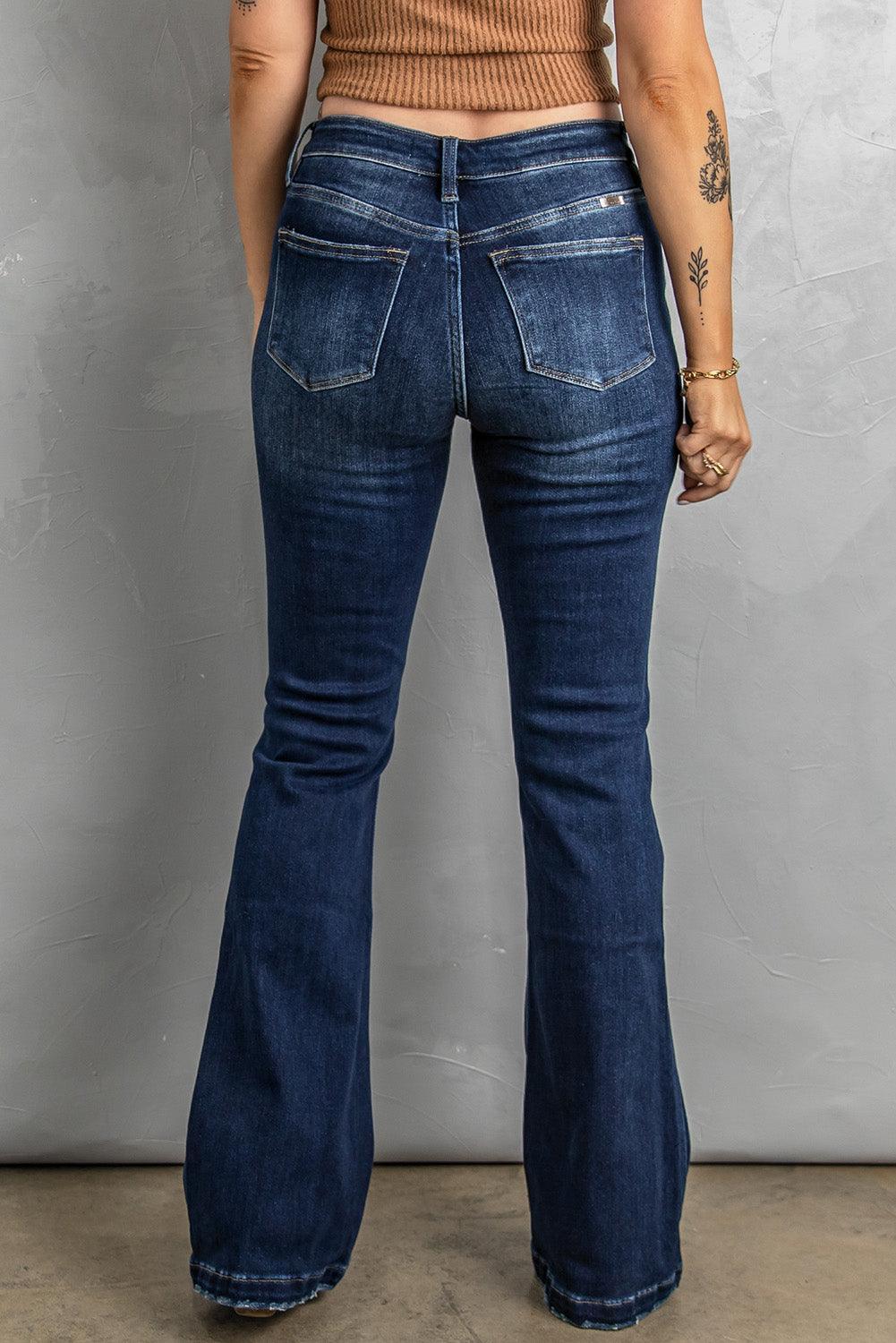 Button Fly Distressed Bootcut Jeans - ClubOn
