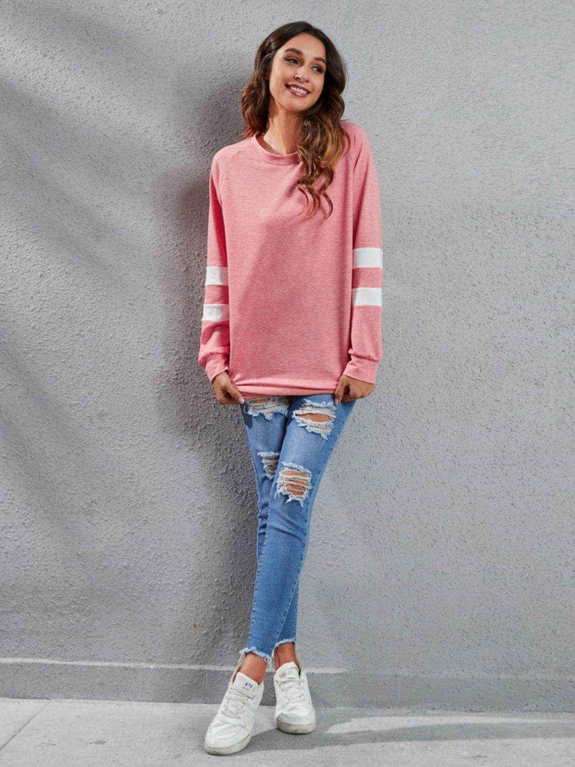 Full Size Striped Round Neck Long Sleeve T-Shirt - ClubOn