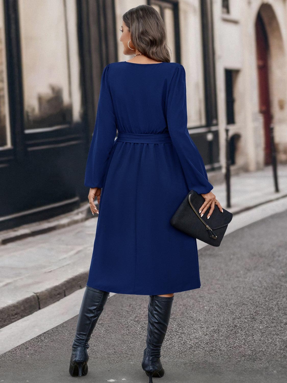 Buttoned Tie Front Long Sleeve Asymmetrical Neck Dress - ClubOn