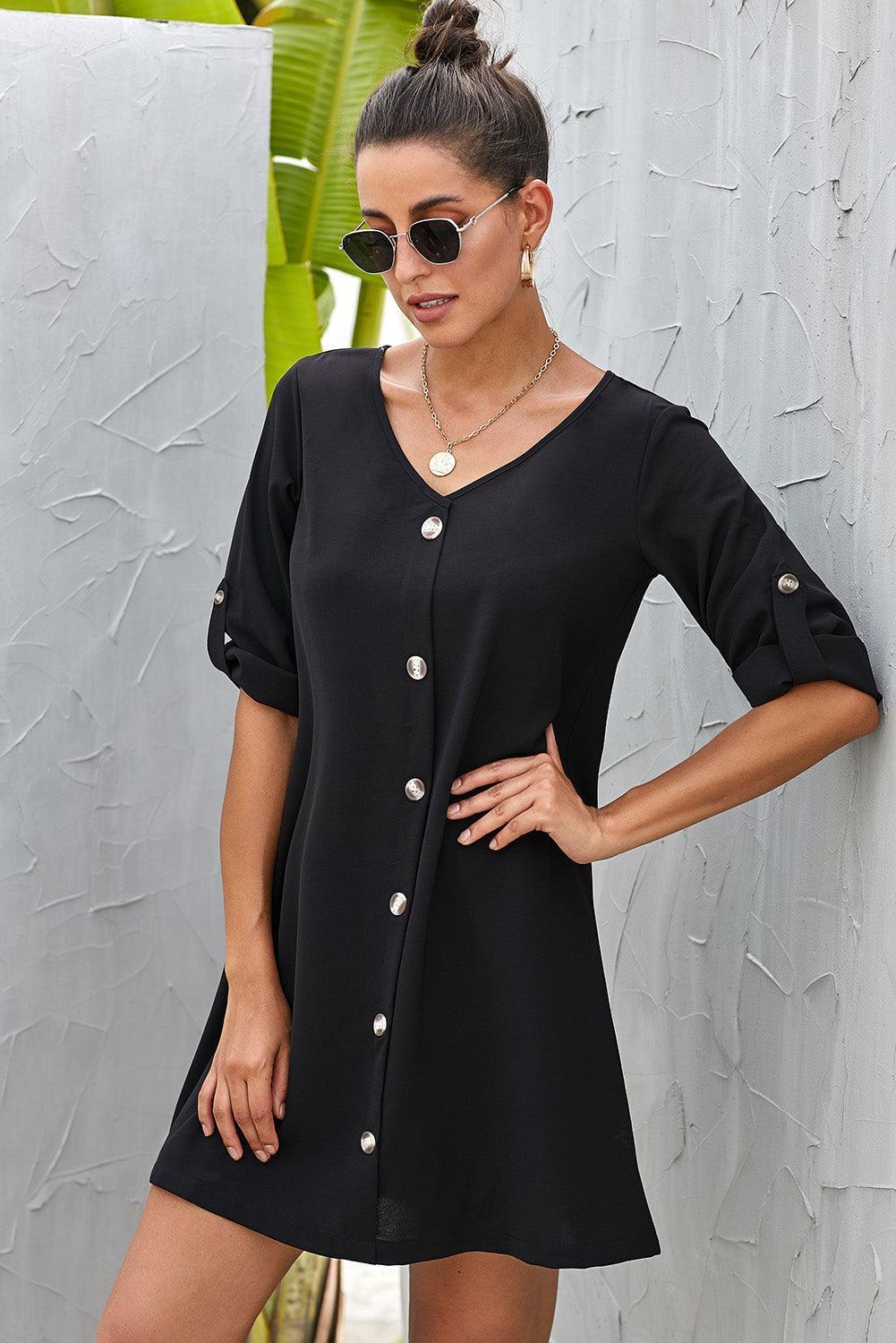 Buttoned V-Neck Dress - ClubOn