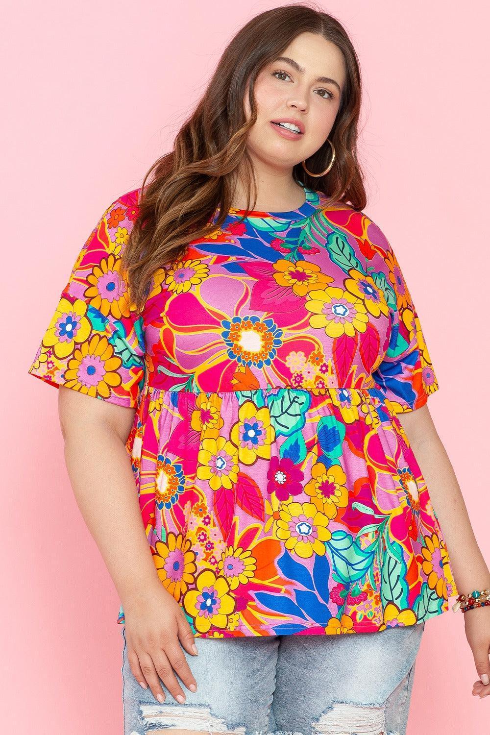 Plus Size Printed Round Neck Short Sleeve Top - ClubOn