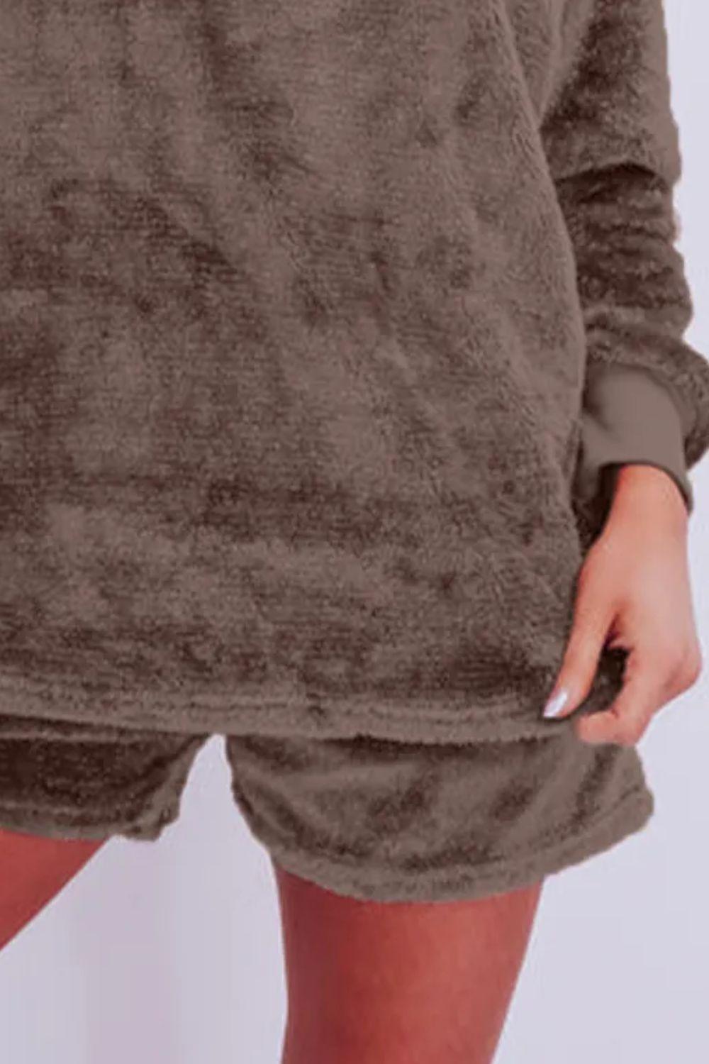 Round Neck Long Sleeve Top and Shorts Lounge Set - ClubOn