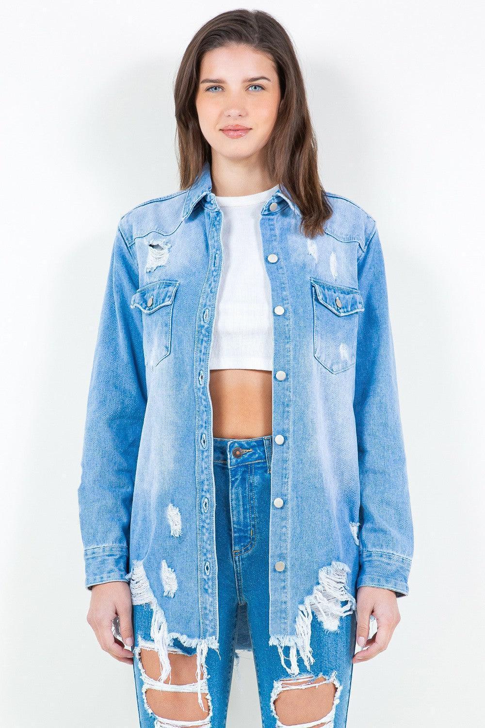 American Bazi Frayed Hem Distressed Denim Shirt Jacket - ClubOn