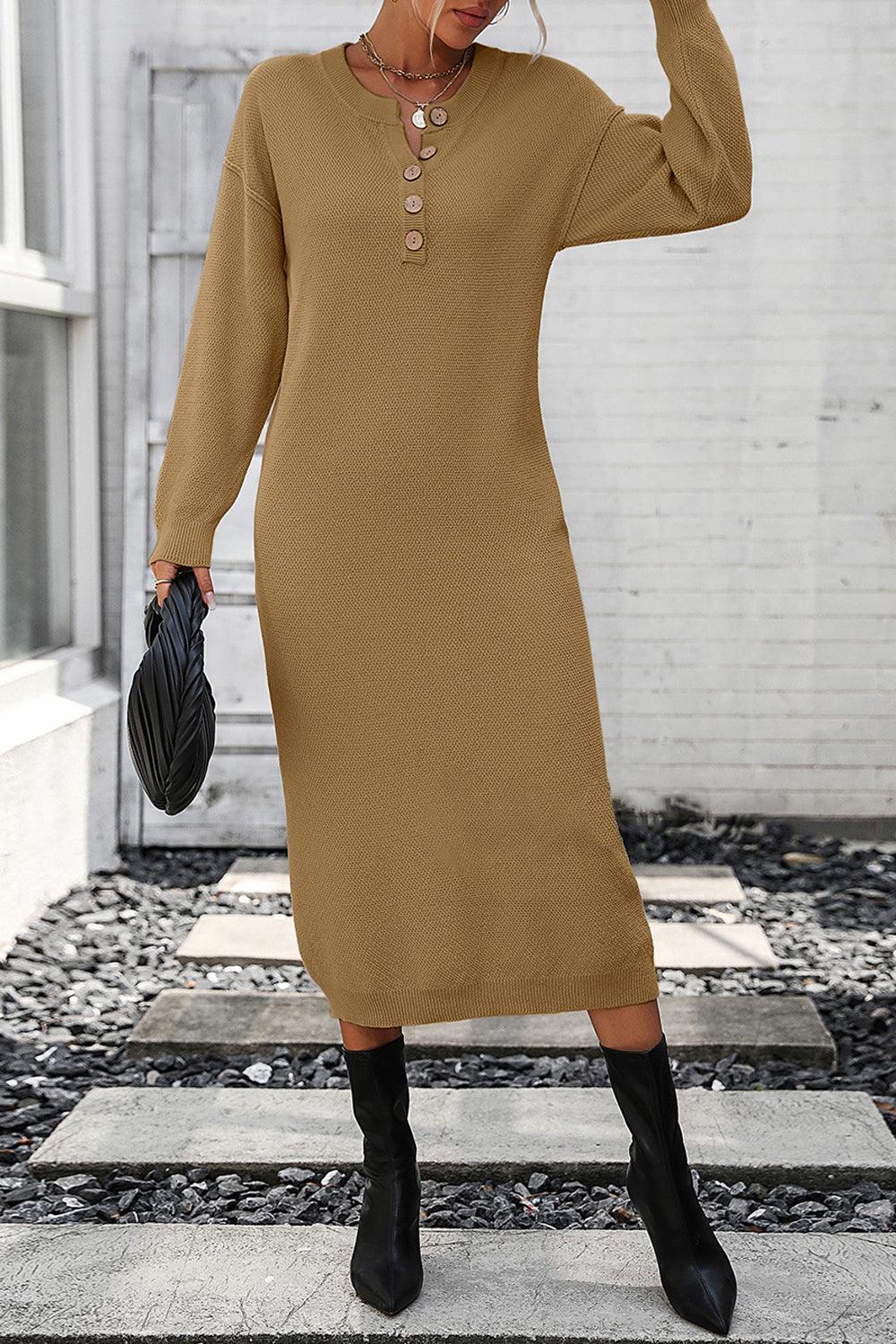 Decorative Button Notched Dropped Shoulder Sweater Dress - ClubOn