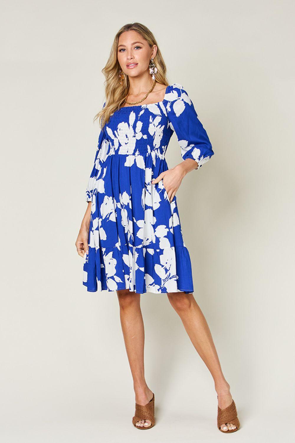 Double Take Full Size Floral Ruffle Hem Smocked Dress with Pockets - ClubOn