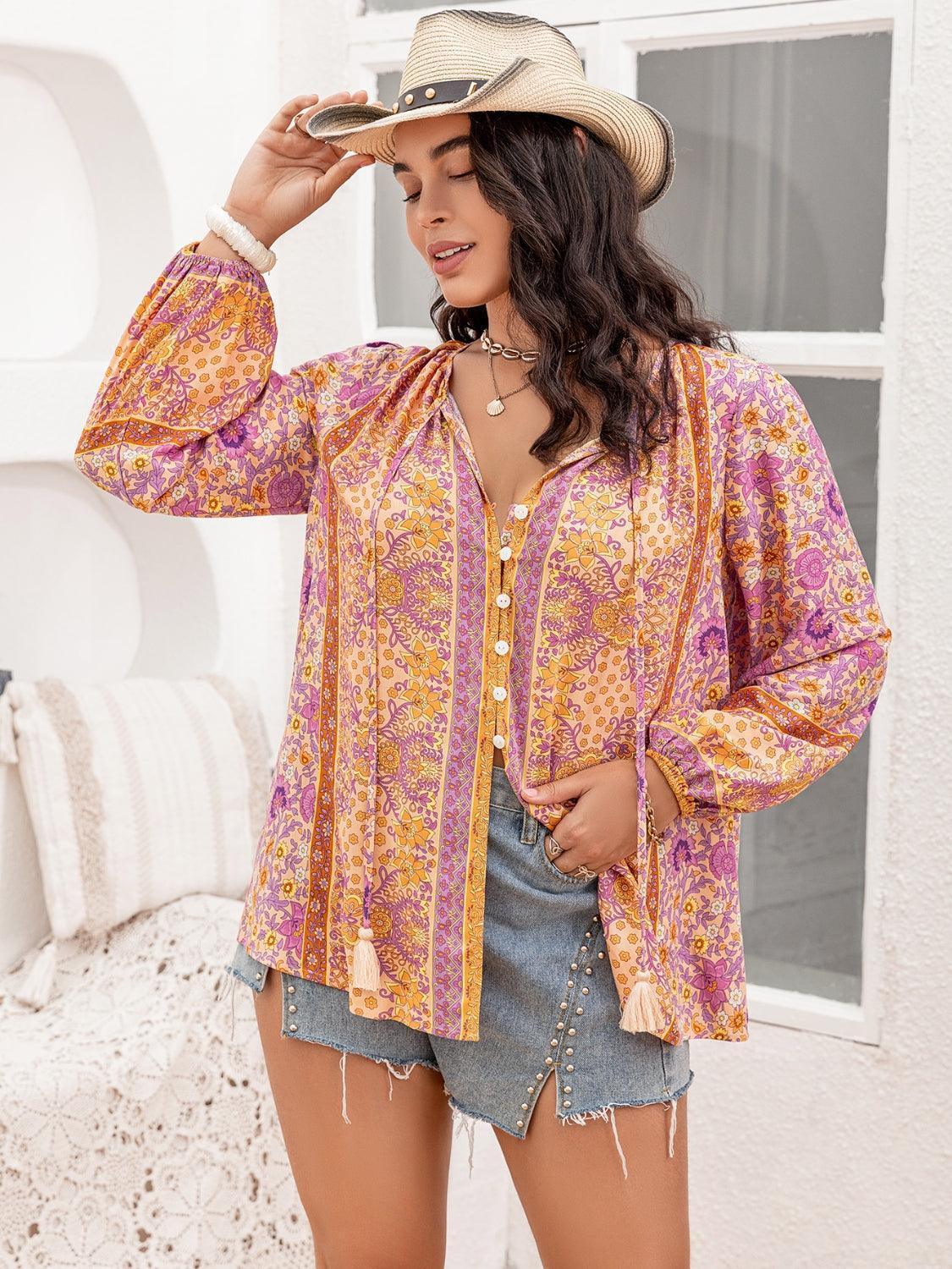 Plus Size Tie Neck Tassel Printed Blouse - ClubOn