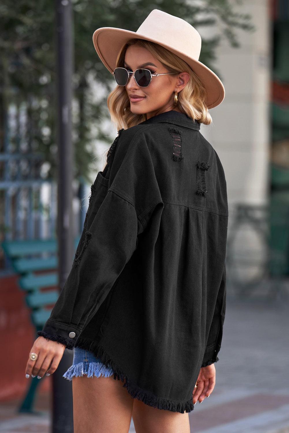 Distressed Button Up Raw Hem Denim Jacket - ClubOn