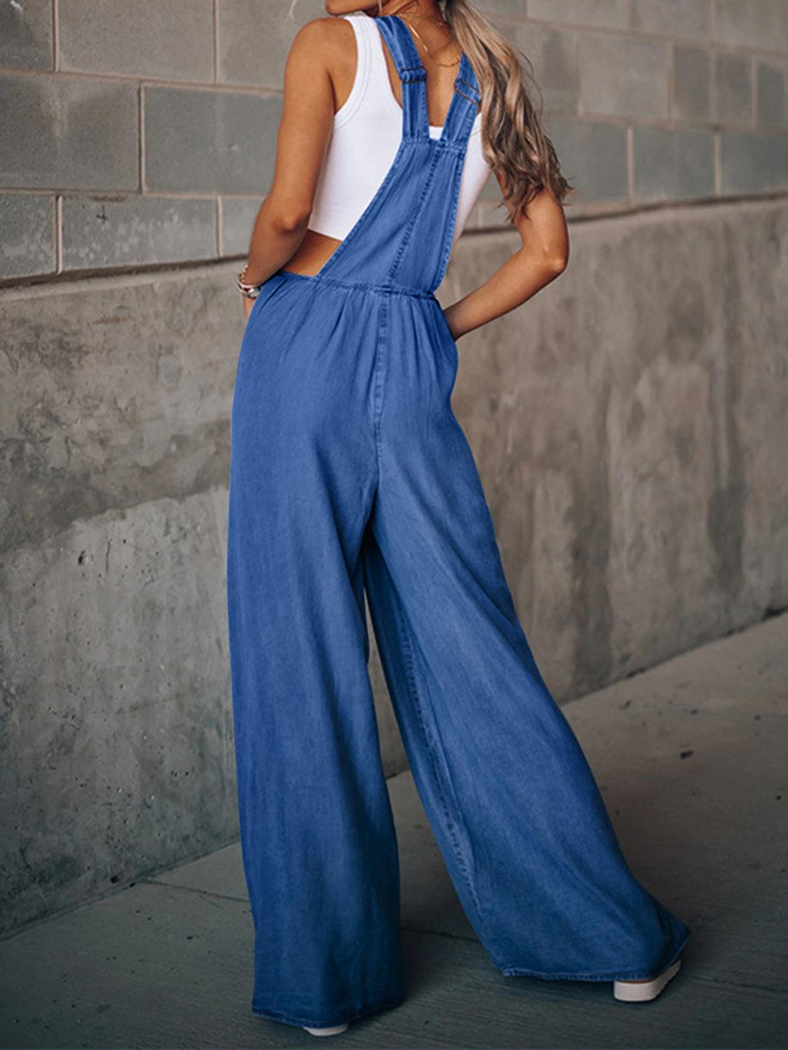 Distressed Wide Leg Denim Overalls - ClubOn