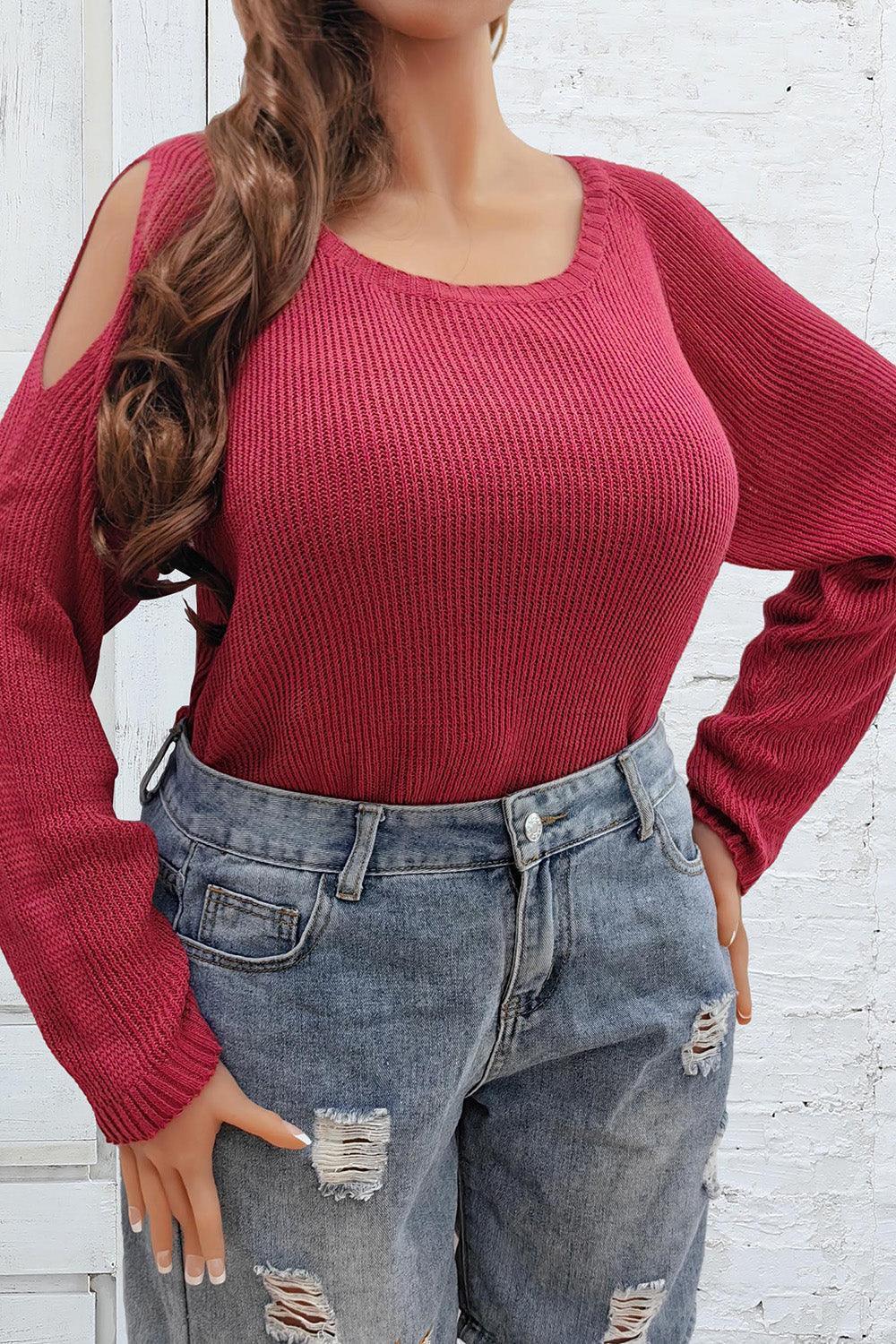 Plus Size Cold Shoulder Round Neck Sweater - ClubOn
