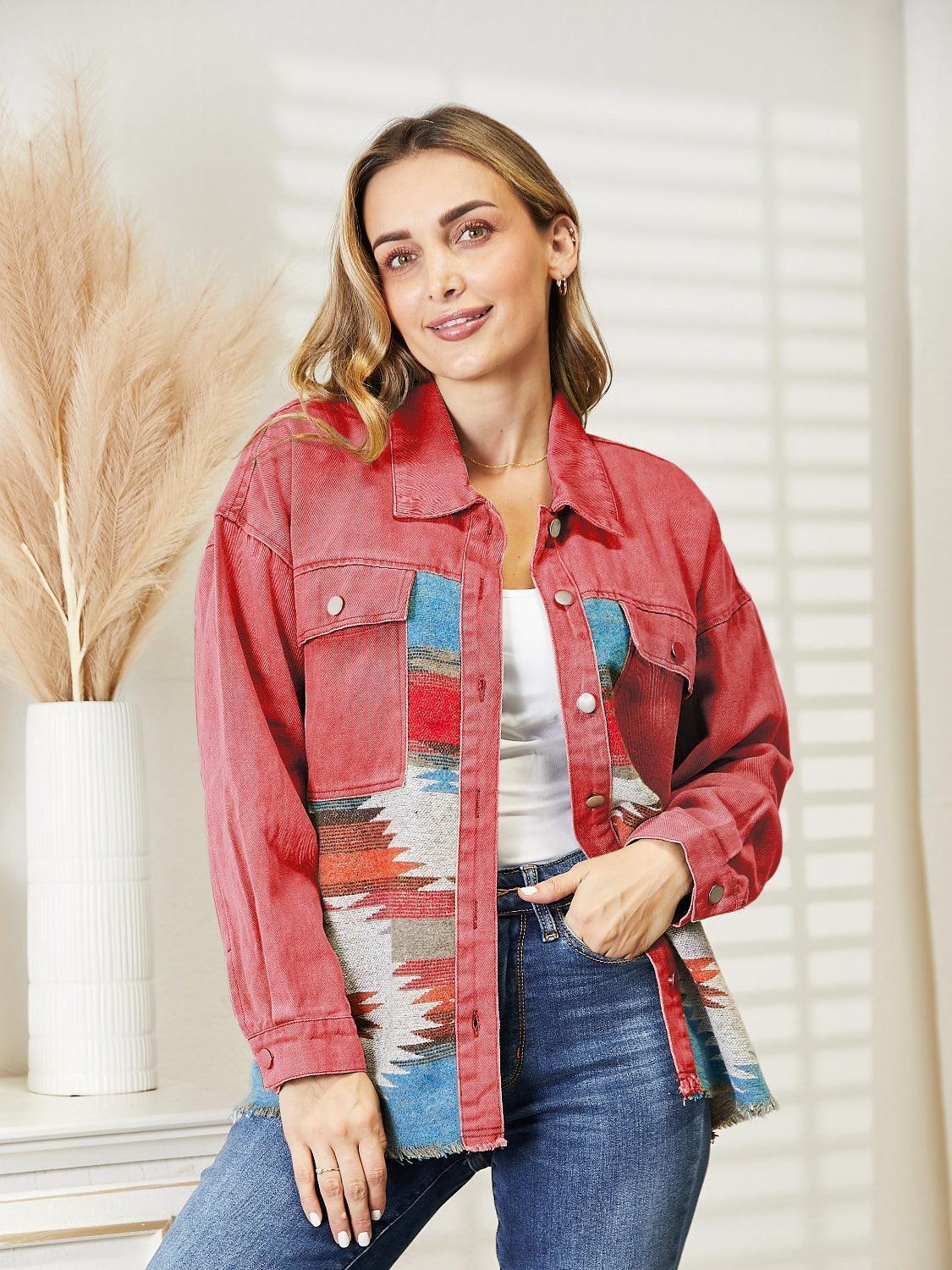 Dropped Shoulder Long Sleeve Printed Denim Jacket - ClubOn