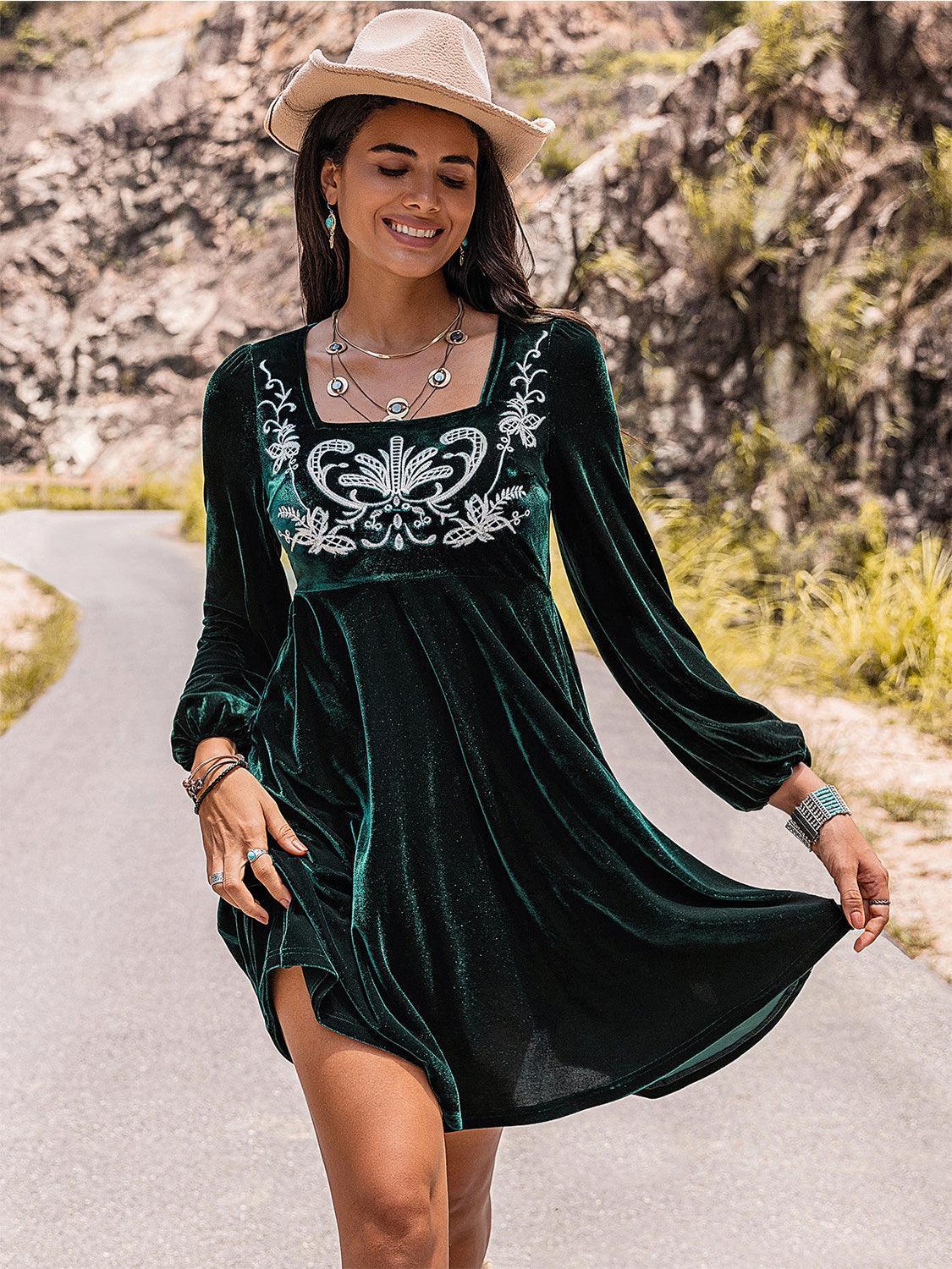 Embroidered Square Neck Long Sleeve Dress - ClubOn