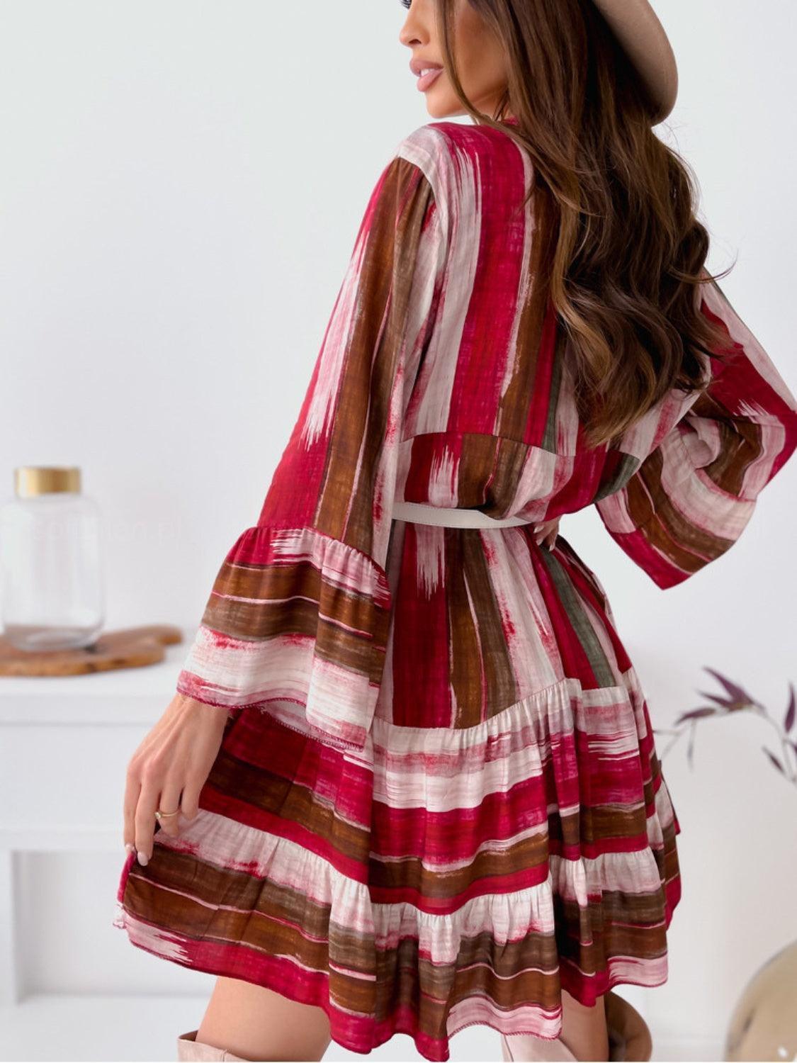 Buttoned Striped Long Sleeve Mini Dress - ClubOn