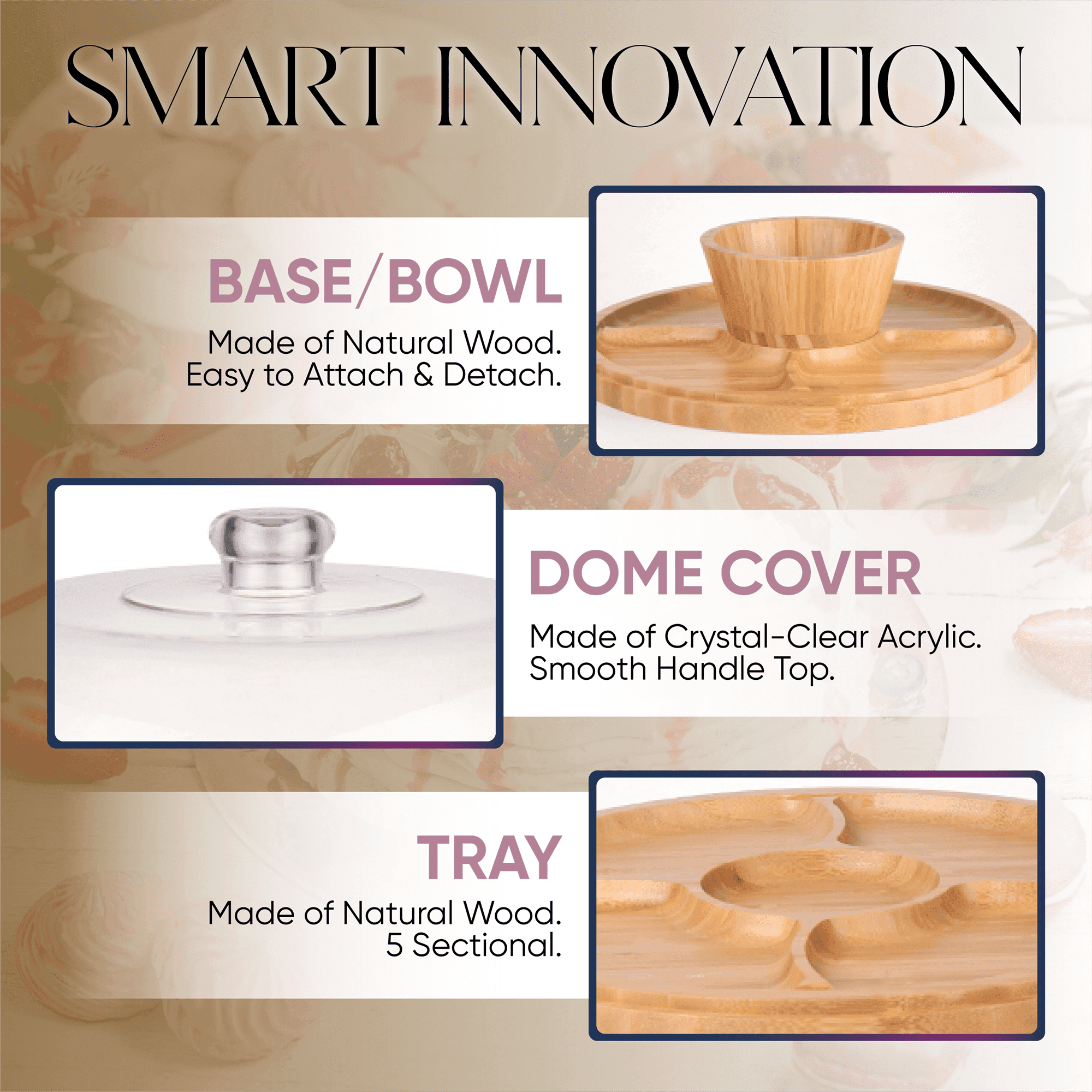 Bamboo Cake Stand with Dome Cover – 6 in 1 Multi-Function Cupcake Holder, 12.8