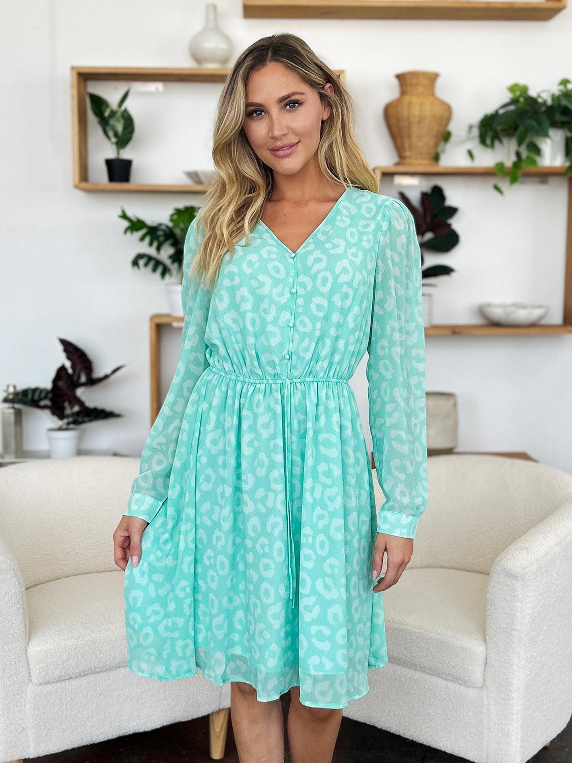 Double Take Full Size Printed Ruched V-Neck Long Sleeve Dress - ClubOn