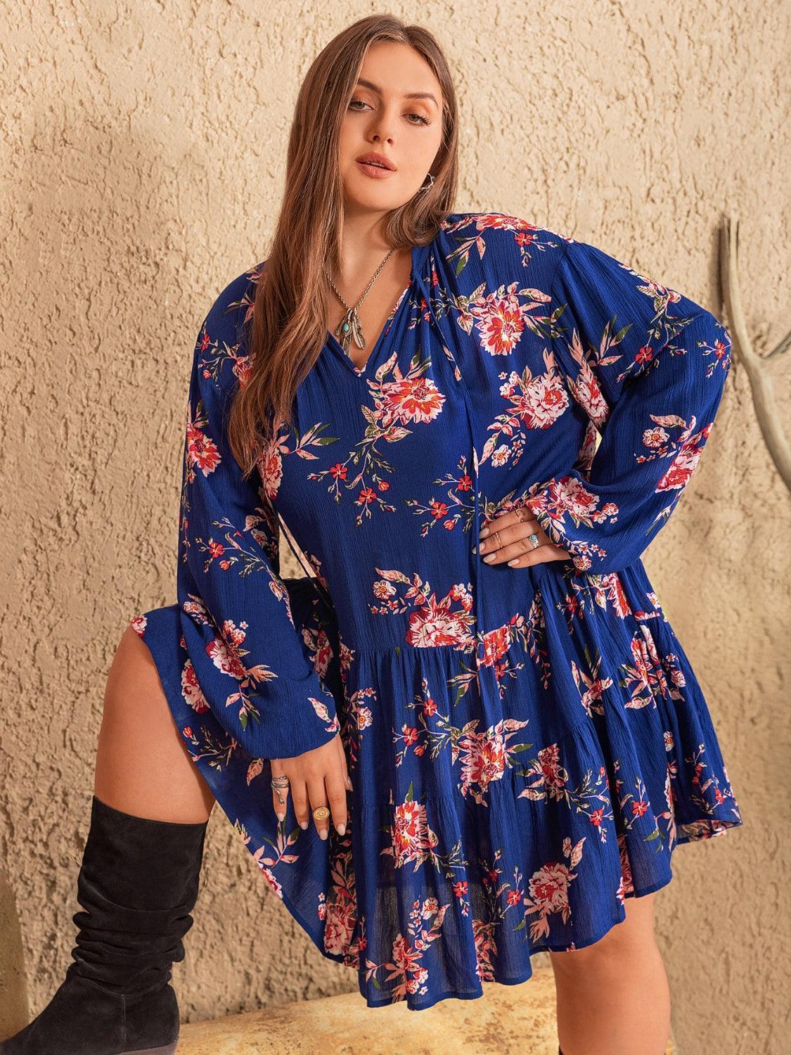Plus Size Printed Tie Neck Balloon Sleeve Mini Dress - ClubOn
