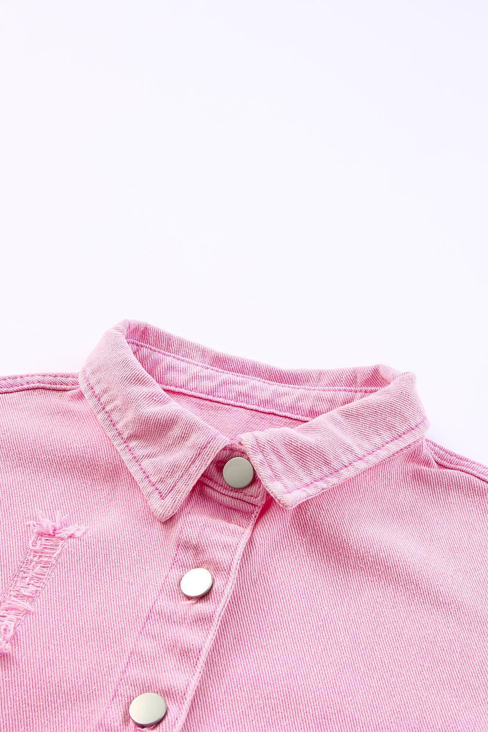 Distressed Button Up Raw Hem Denim Jacket - ClubOn