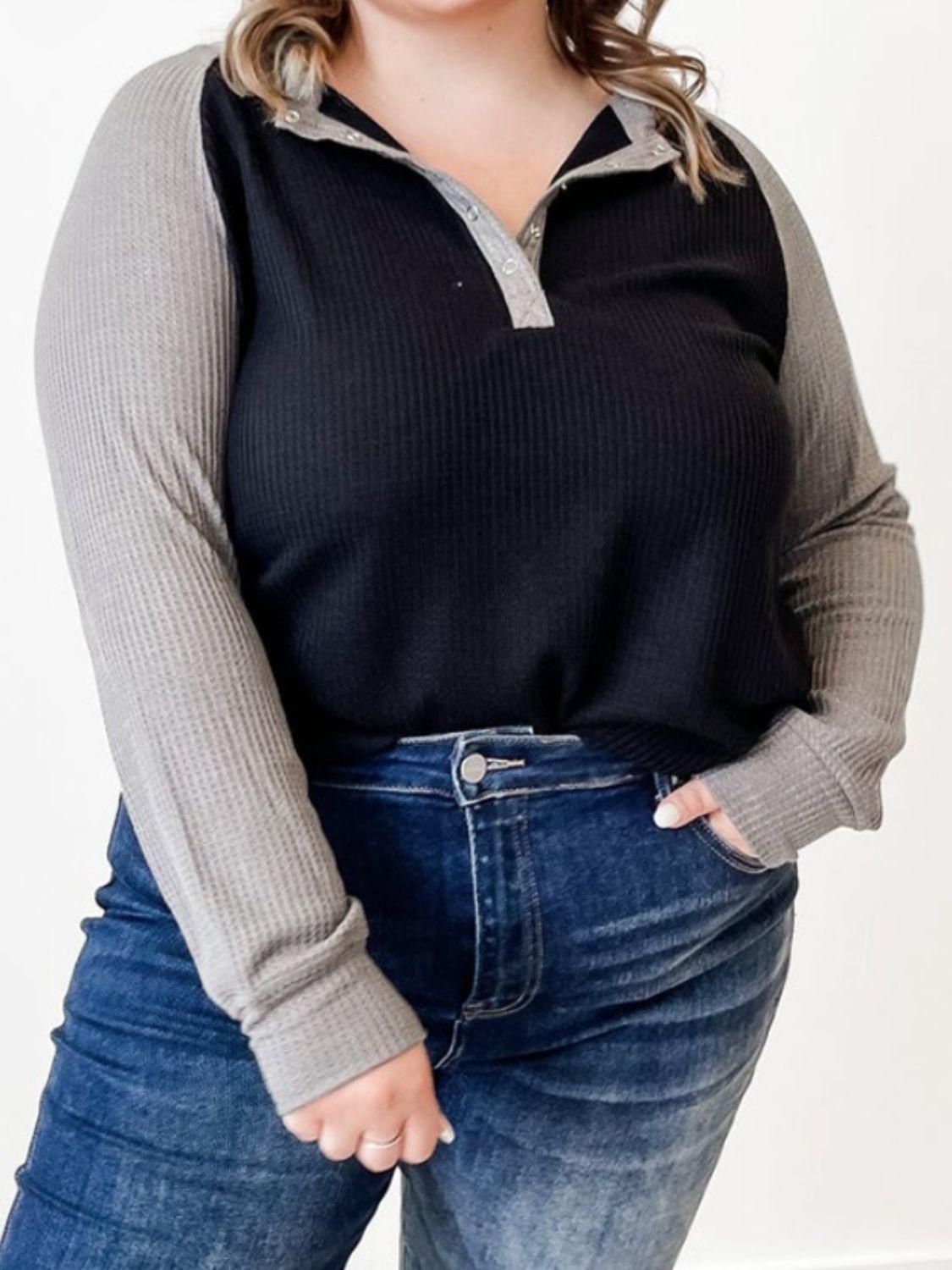 Plus Size Waffle-Knit Half Snap Long Sleeve Shirt - ClubOn