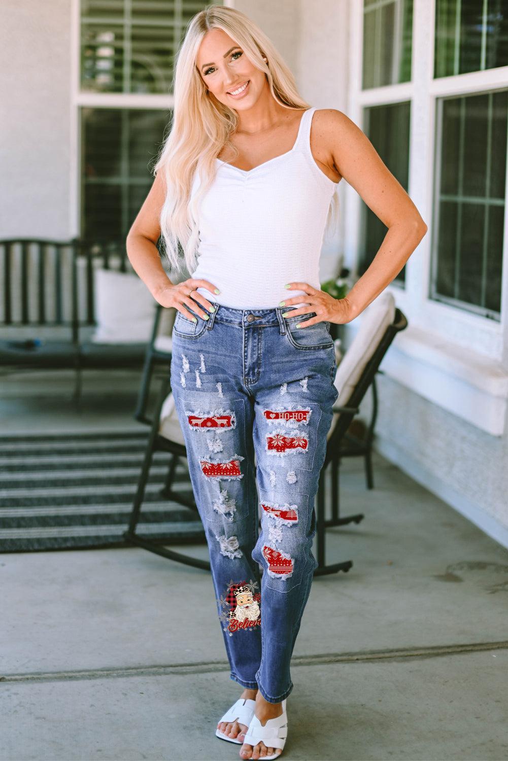 Santa Graphic Distressed Straight Jeans - ClubOn