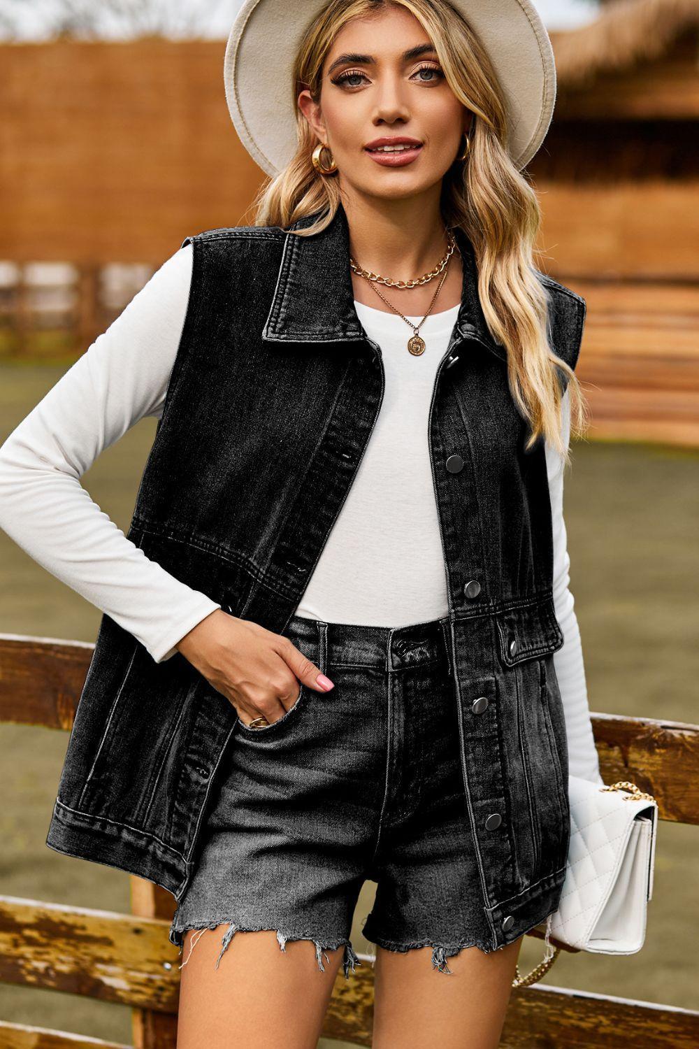 Sleeveless Collared Neck Denim Top with Pockets - ClubOn