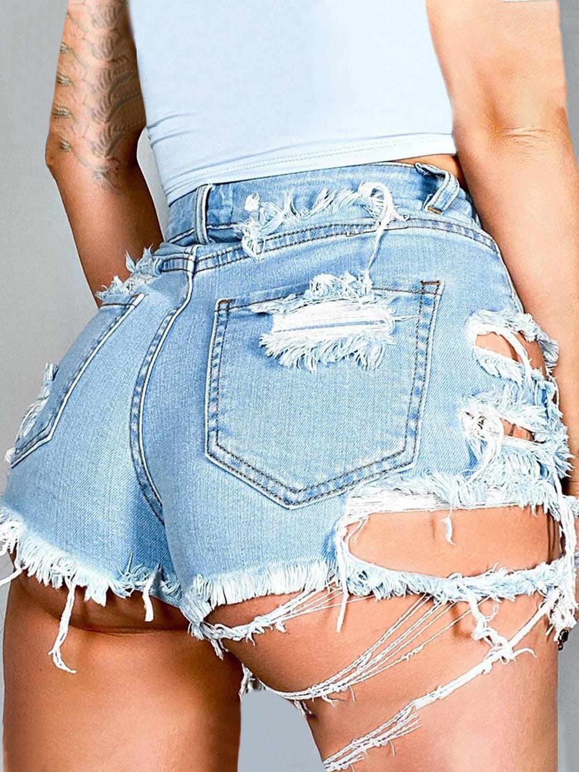 Distressed Raw Hem Denim Shorts with Pockets - ClubOn