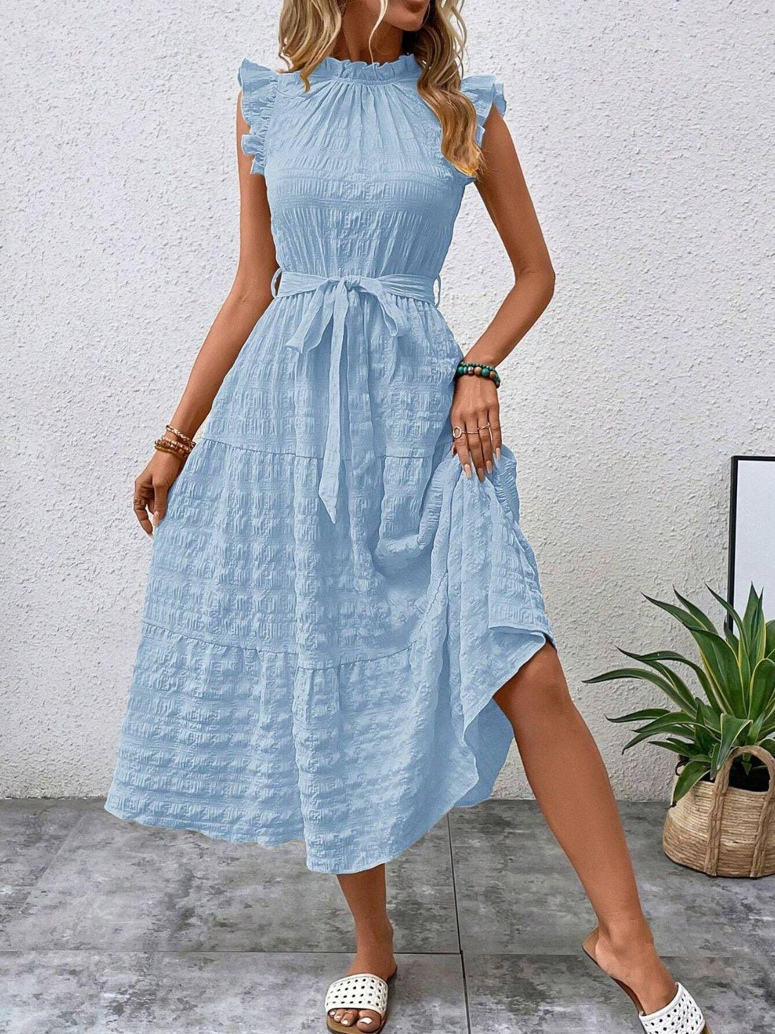 Tied Ruffled Cap Sleeve Midi Dress - ClubOn