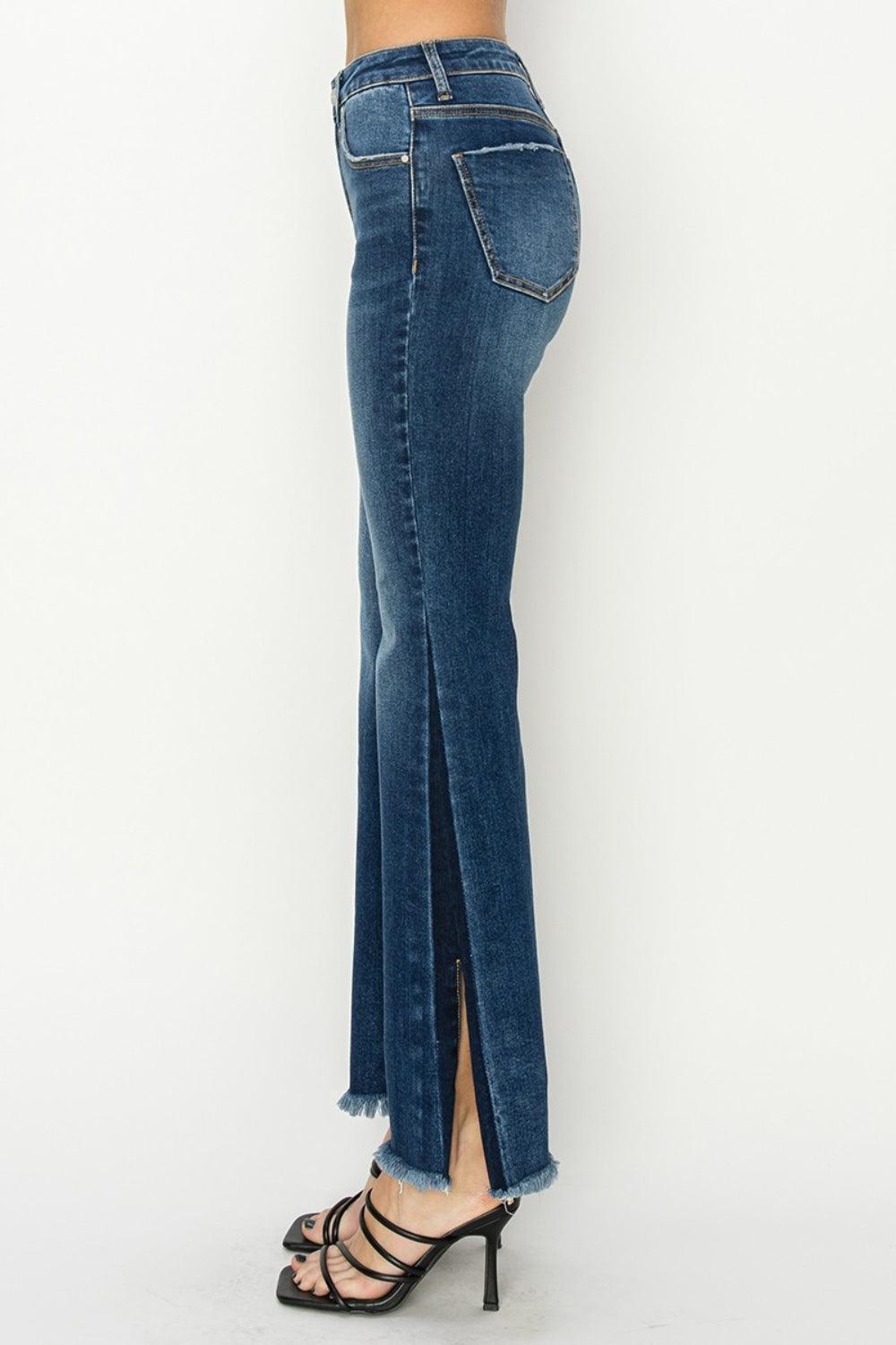 RISEN Full Size High Rise Side Shadow Seam Detail Slit Flare Jeans - ClubOn