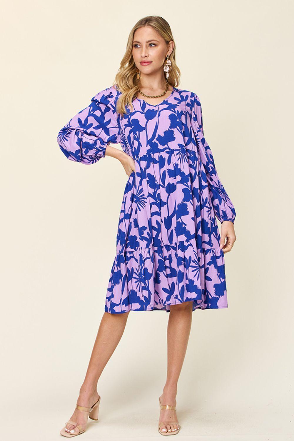 Double Take Full Size Printed Ruffle Hem Dress with Pocket - ClubOn
