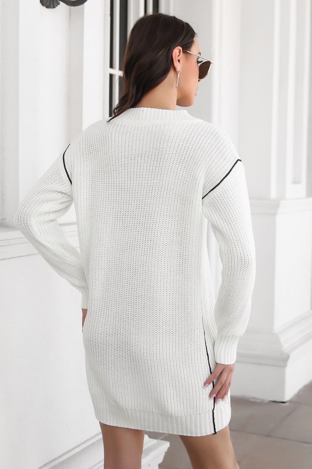 Contrast V-Neck Sweater Dress - ClubOn