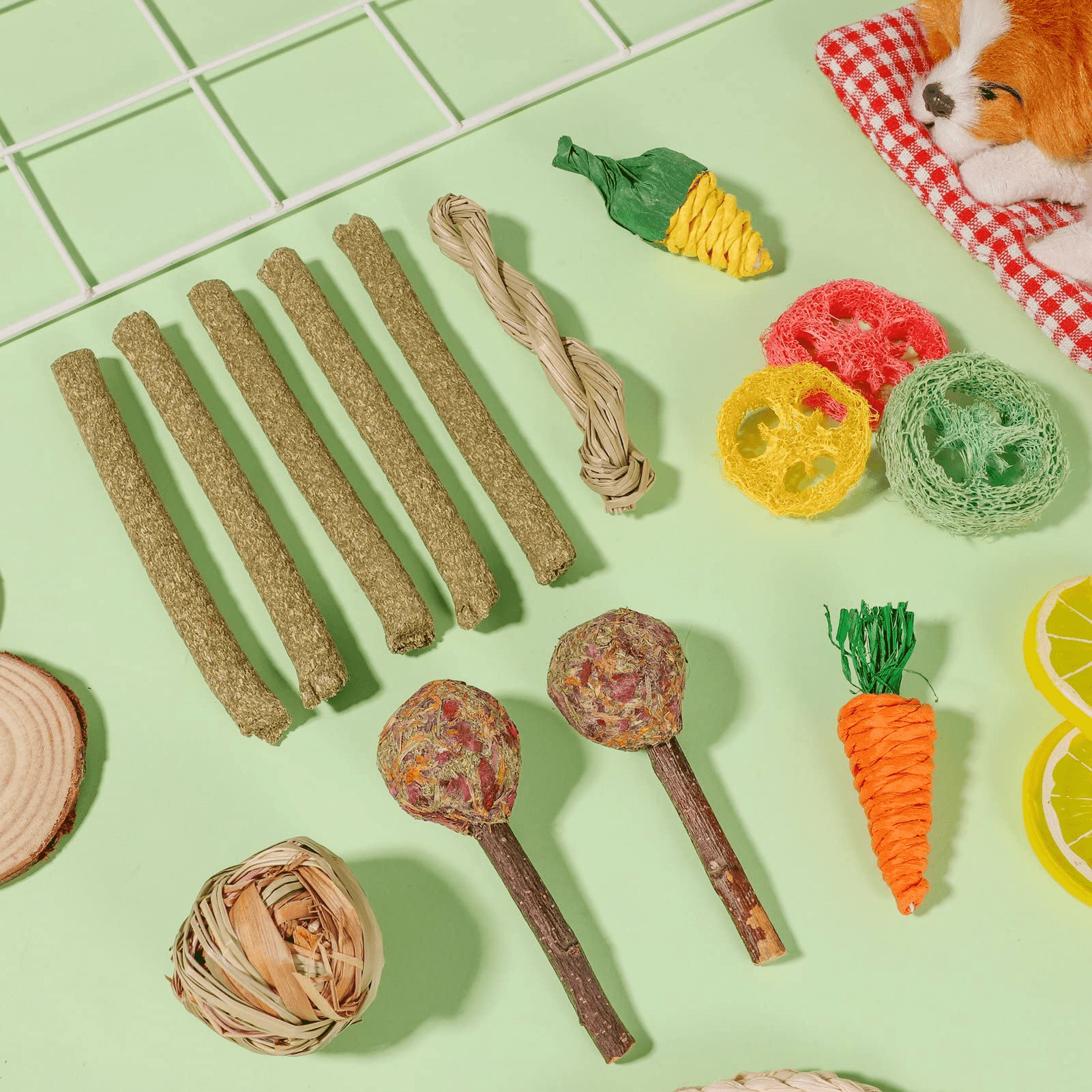 Springcorner 14Pcs Rabbit Toy for Teeth, Chew Toys for Rabbits, Guinea Pigs, Chinchillas, Loofah Wood Balls & Sticks - ClubOn