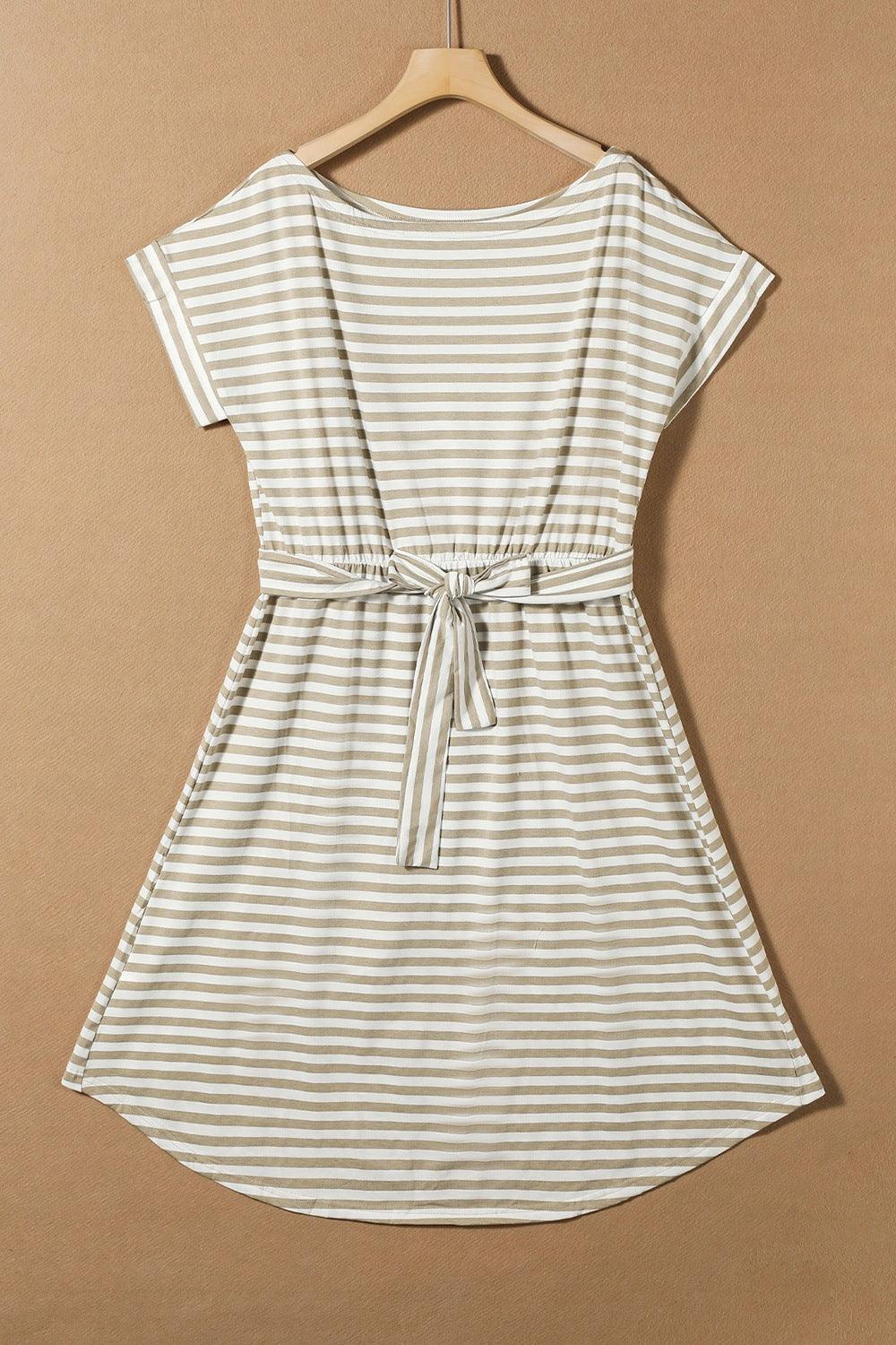 Tied Striped Cap Sleeve Dress - ClubOn