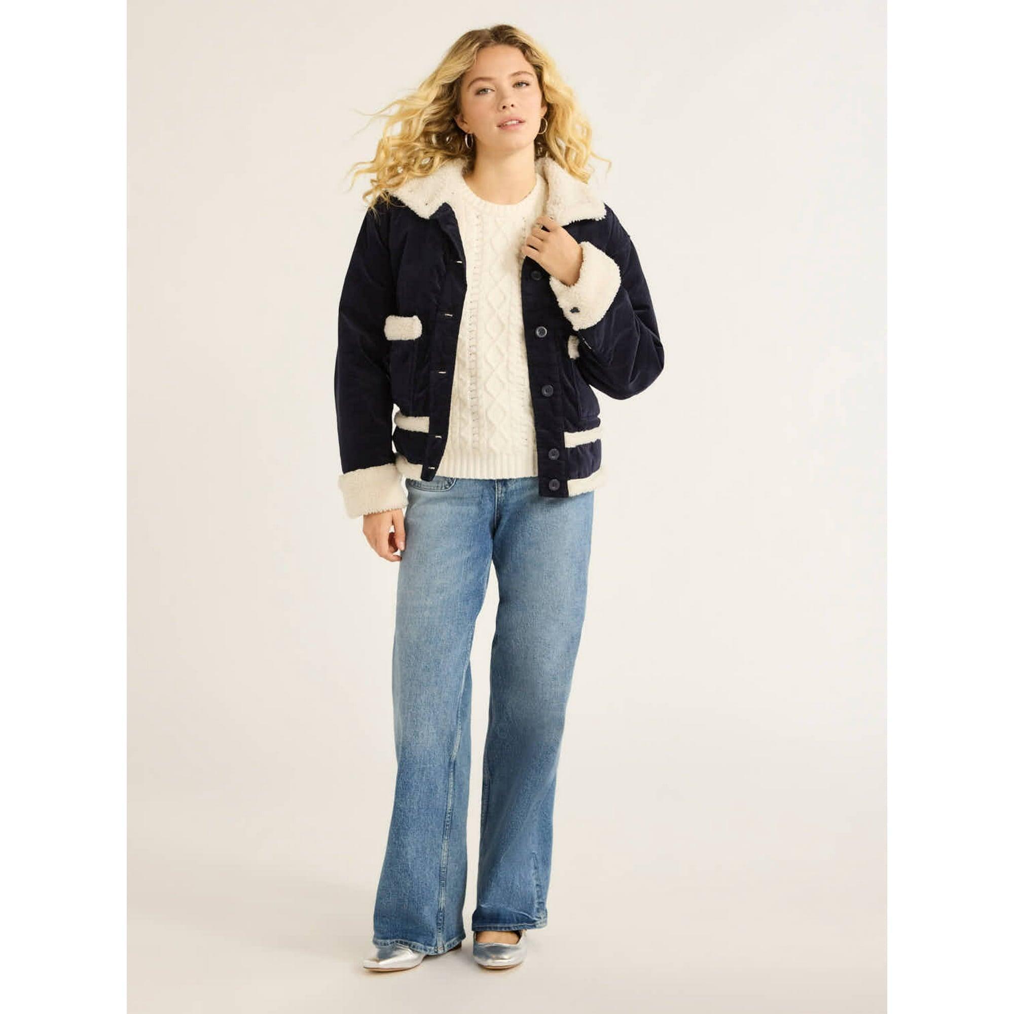 Free Assembly Women’s & Plus Corduroy Jacket with Faux Shearling Trim, Sizes XS-4X | Cozy & Stylish Outerwear - ClubOn