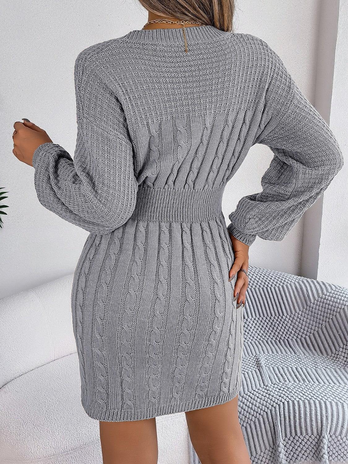 Cable-Knit Cutout Round Neck Slit Sweater Dress - ClubOn